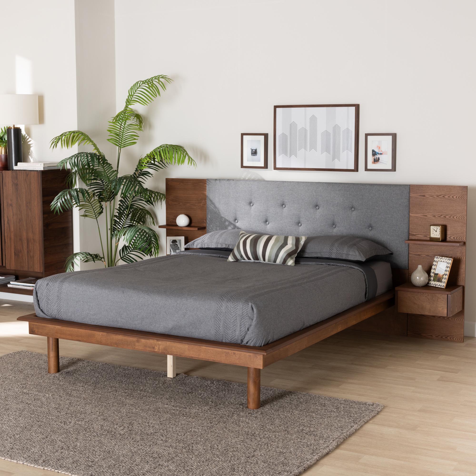 Adiel Queen Grey Fabric Platform Storage Bed – Mid-Century Modern with Built-in Nightstands
