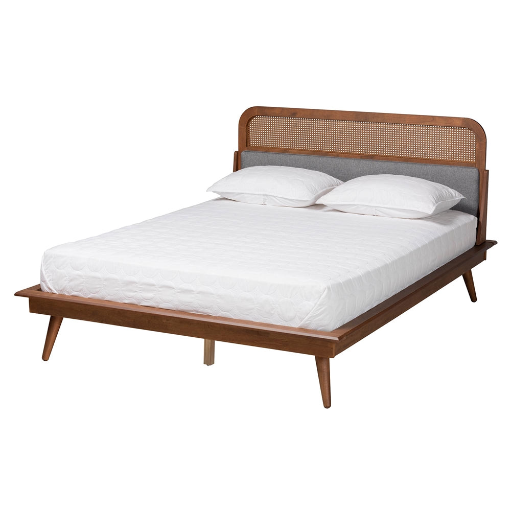 Oakley King Size Mid-Century Platform Bed – Modern Wood Frame with Grey Upholstered Base