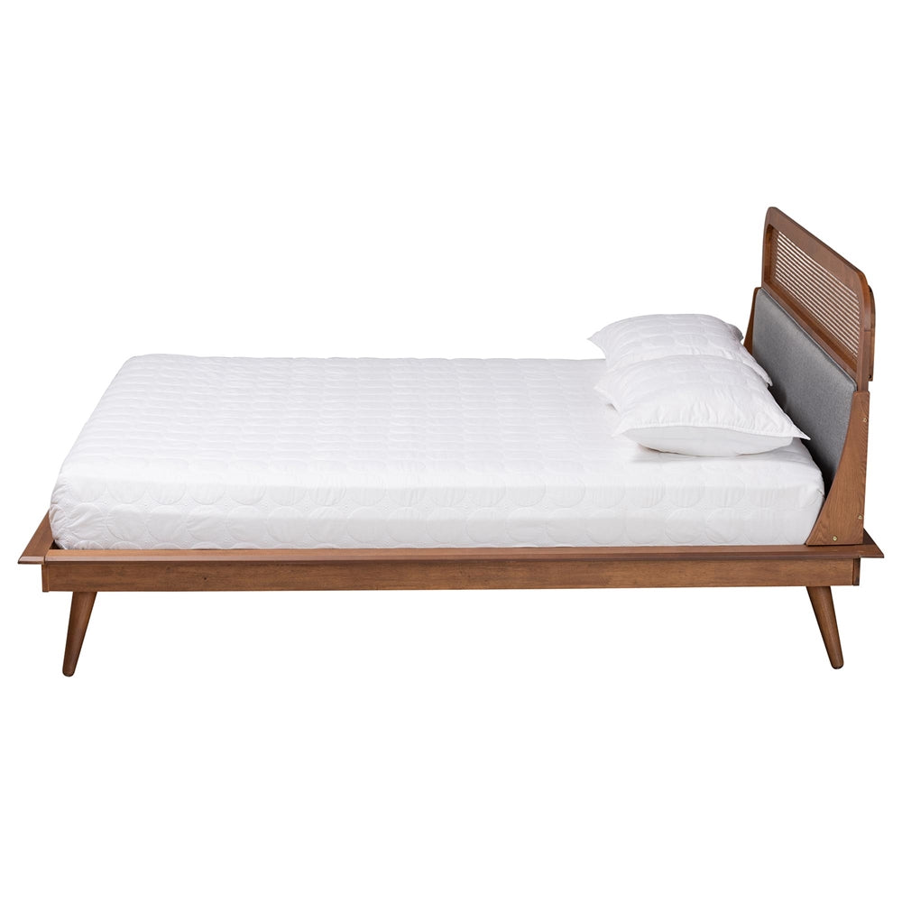 Ders Queen Mid-Century Platform Bed – Ash Walnut Wood with Woven Rattan Detail