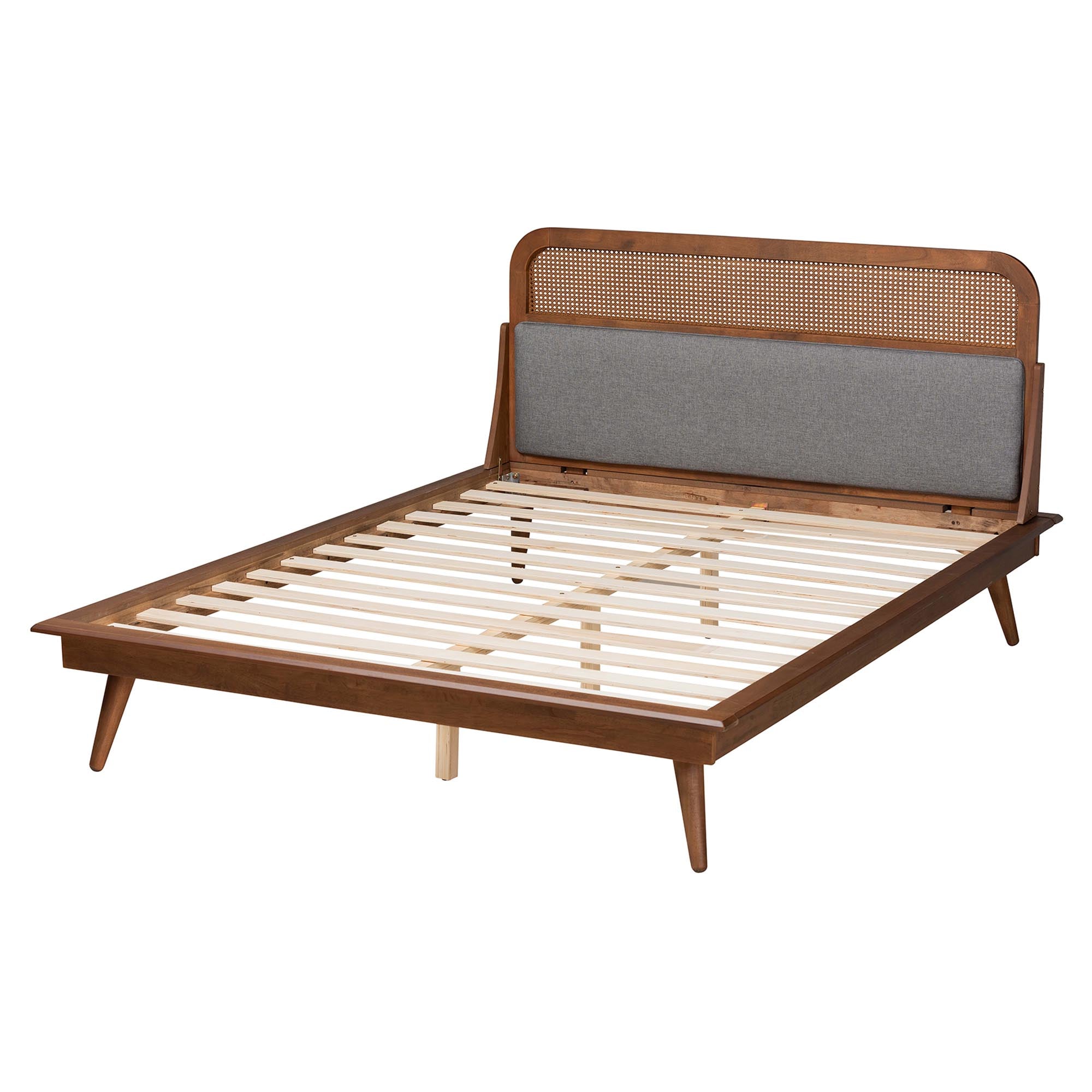 Ders Queen Mid-Century Platform Bed – Ash Walnut Wood with Woven Rattan Detail