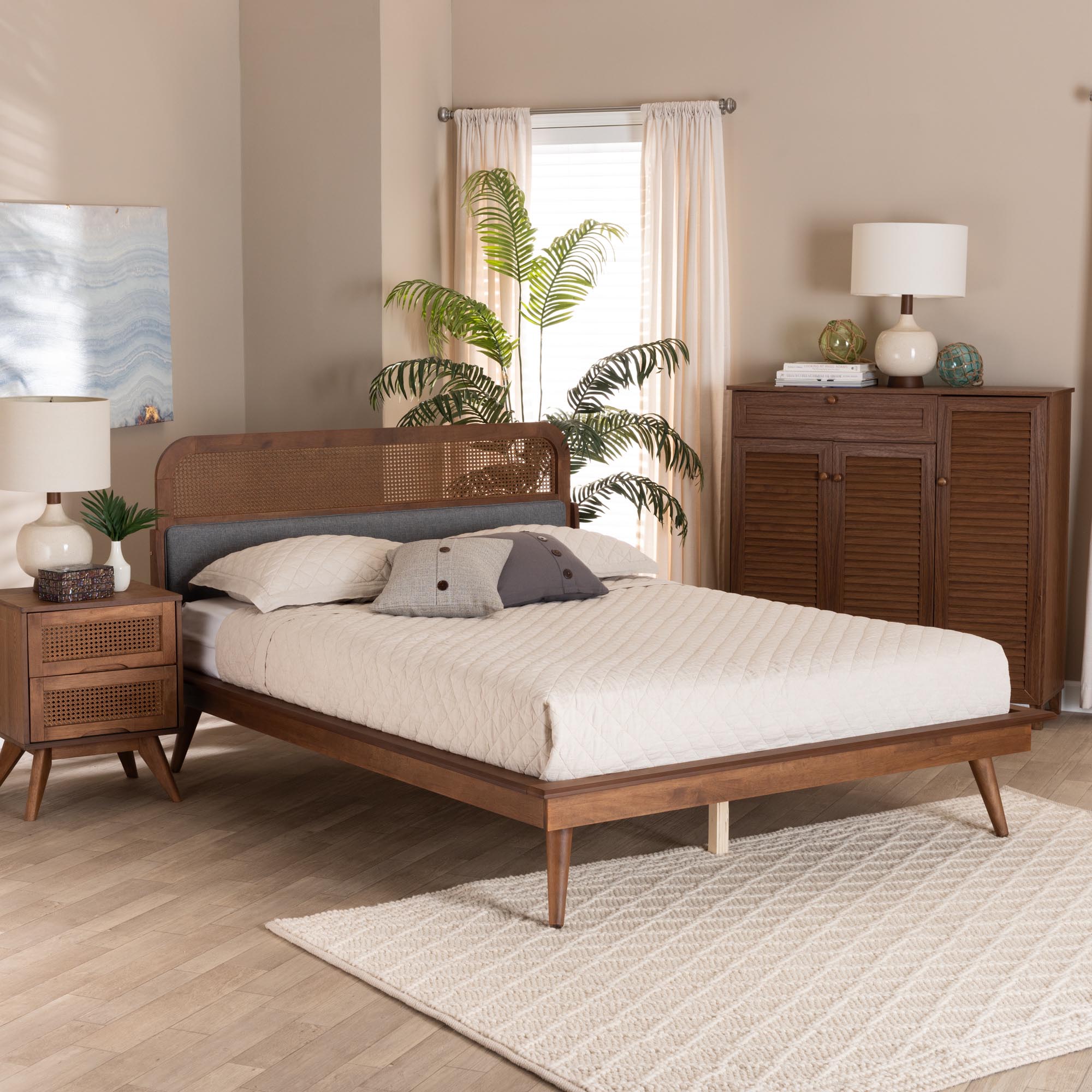 Oakley King Size Mid-Century Platform Bed – Modern Wood Frame with Grey Upholstered Base
