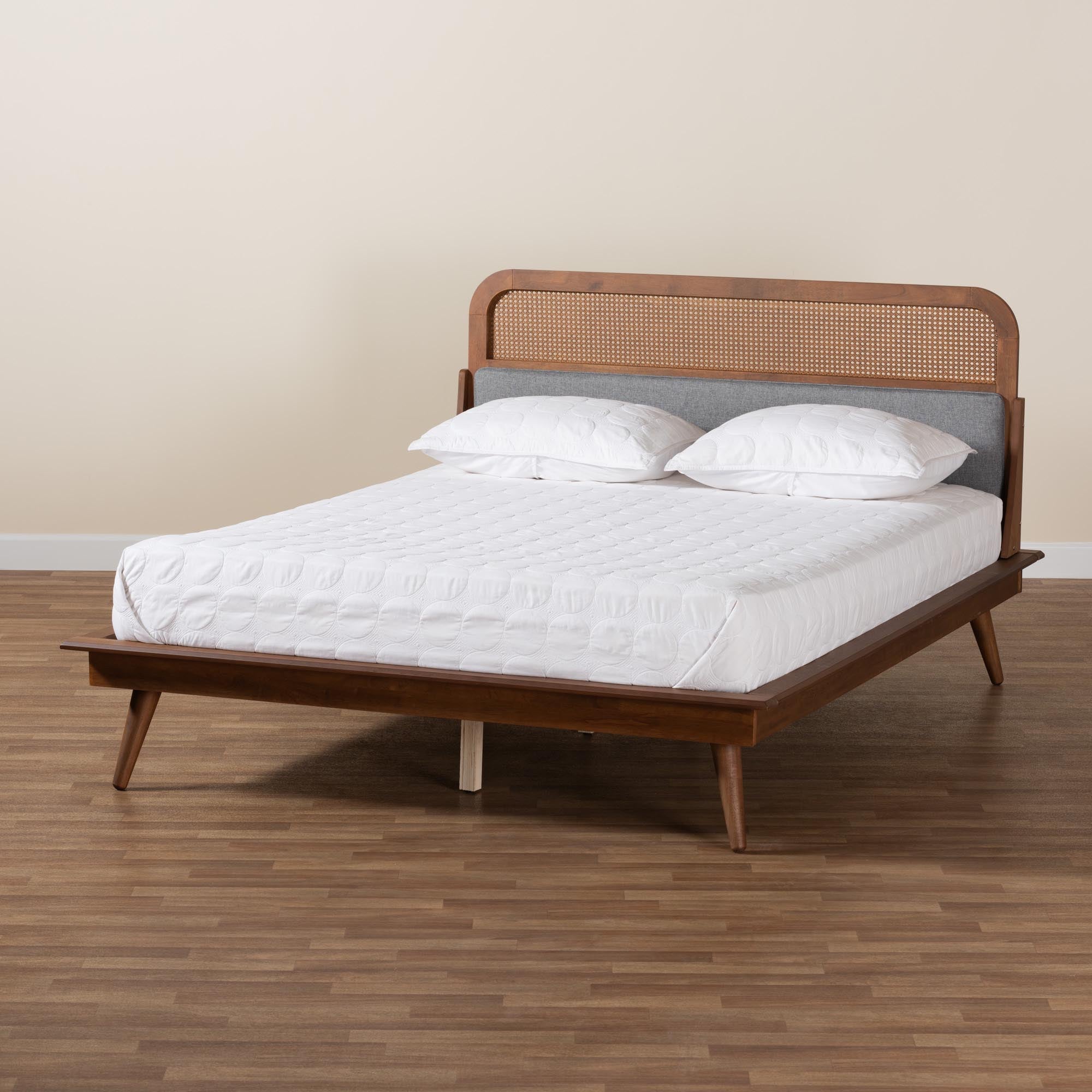 Oakley King Size Mid-Century Platform Bed – Modern Wood Frame with Grey Upholstered Base