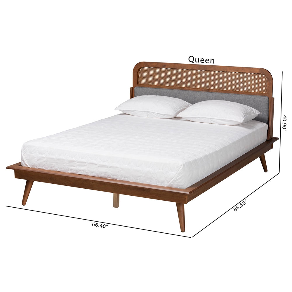 Ders Queen Mid-Century Platform Bed – Ash Walnut Wood with Woven Rattan Detail