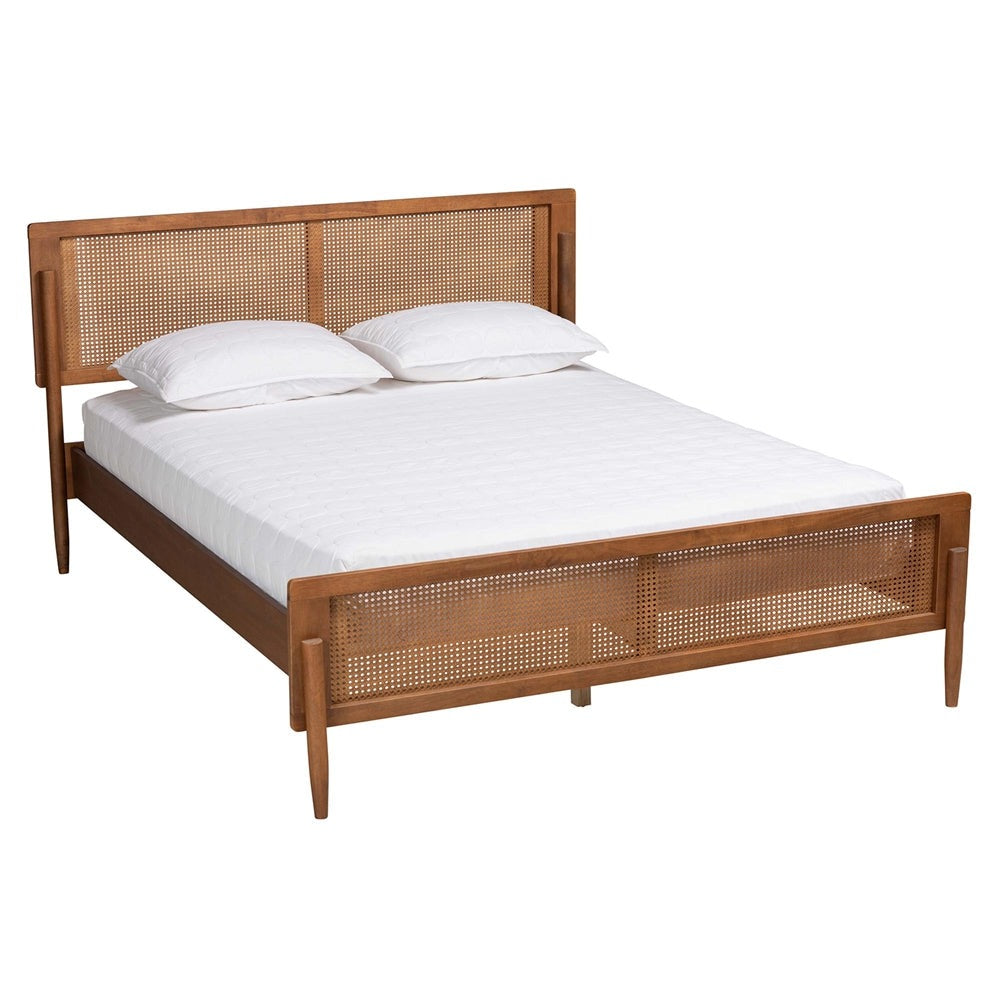 Karel Queen Platform Bed Frame – Mid-Century Walnut Wood with Woven Rattan