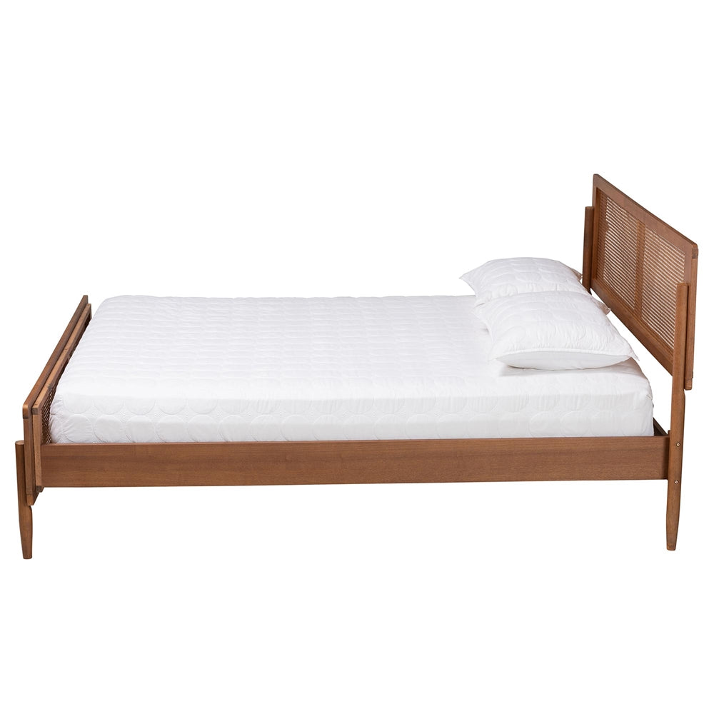 Karel Queen Platform Bed Frame – Mid-Century Walnut Wood with Woven Rattan