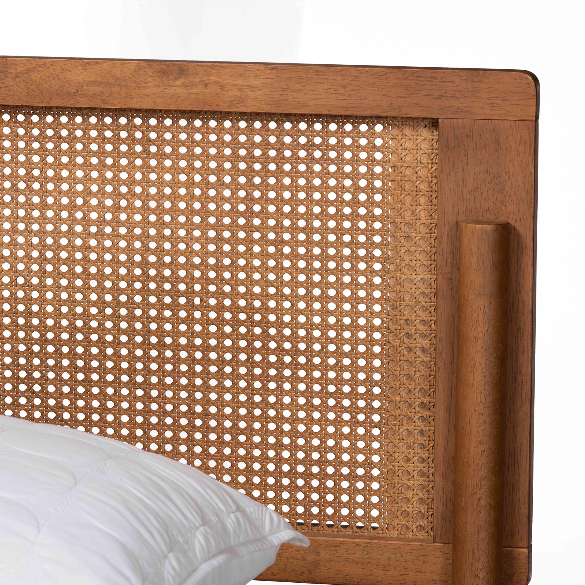 Karel Queen Platform Bed Frame – Mid-Century Walnut Wood with Woven Rattan