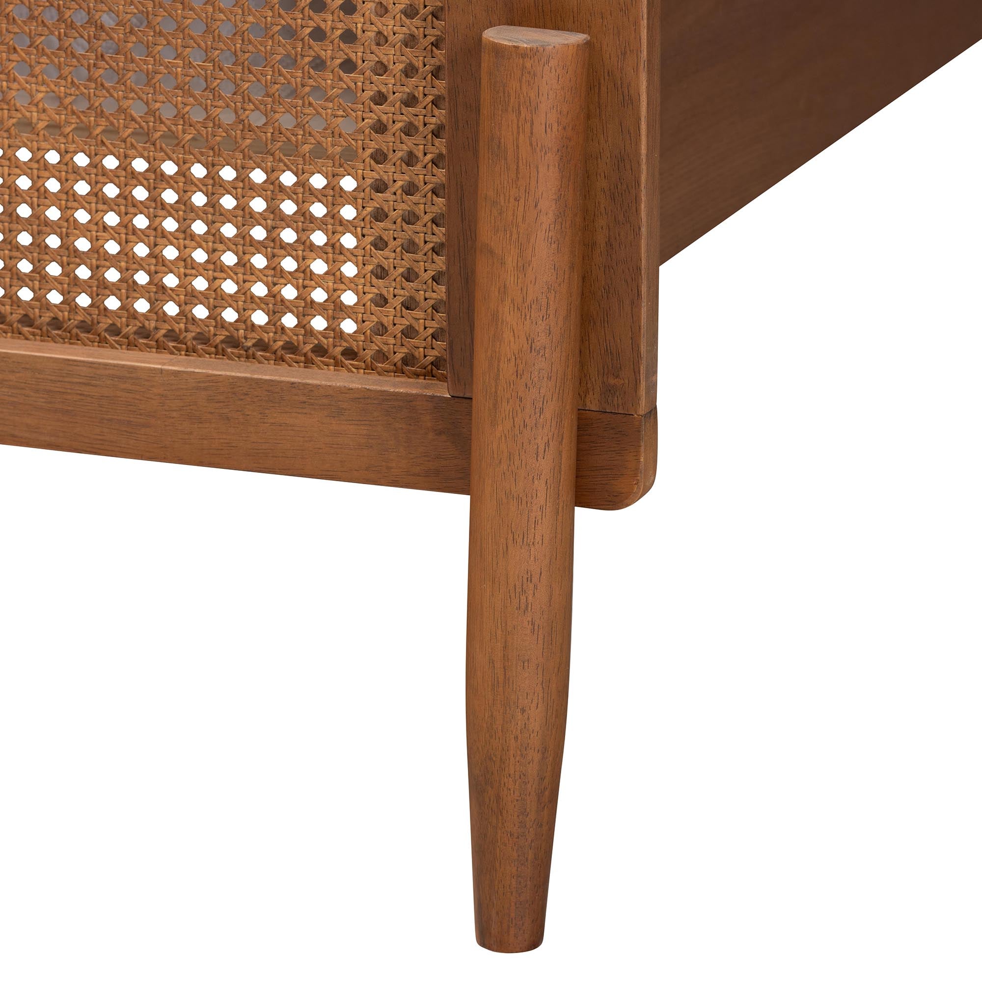 Karel Queen Platform Bed Frame – Mid-Century Walnut Wood with Woven Rattan