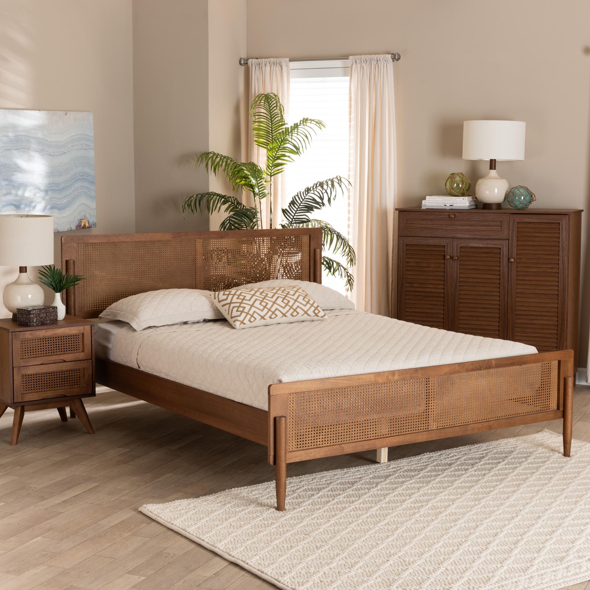 Karel Queen Platform Bed Frame – Mid-Century Walnut Wood with Woven Rattan