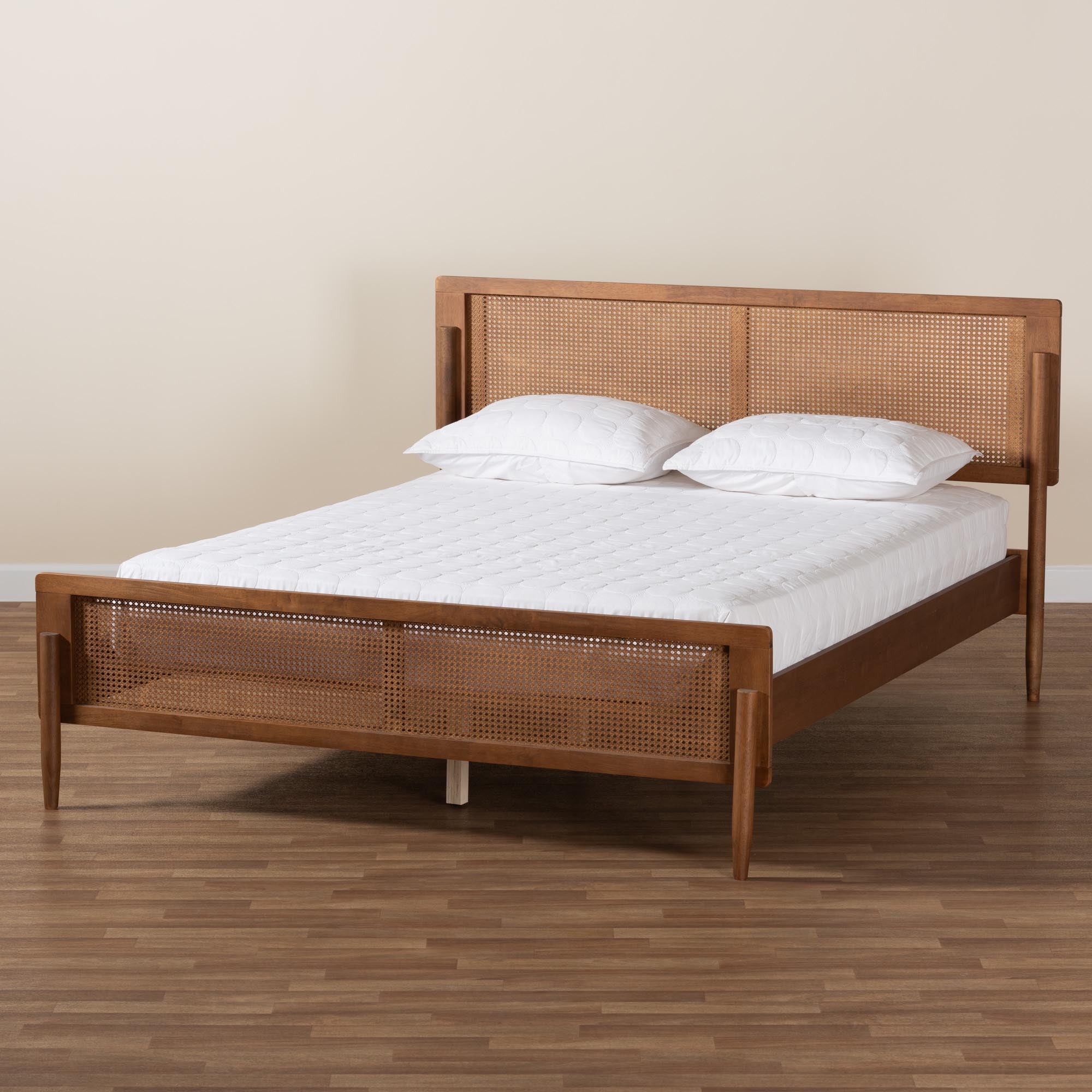 Karel Queen Platform Bed Frame – Mid-Century Walnut Wood with Woven Rattan
