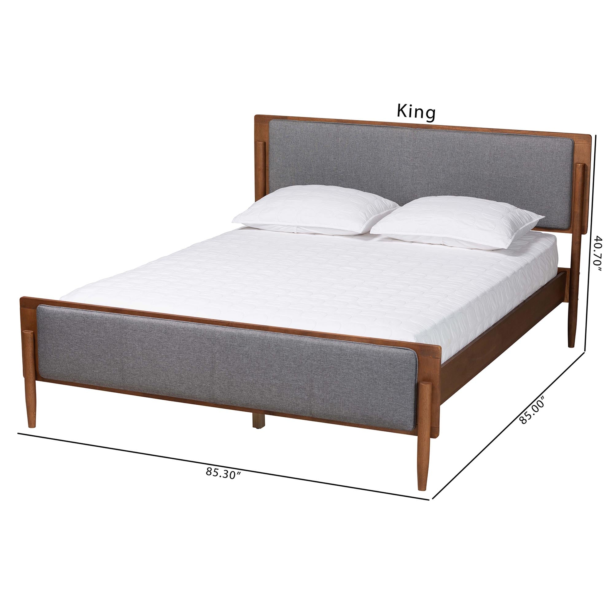 Rick King Grey Fabric & Walnut Wood Platform Bed – Mid-Century Modern No Box Spring