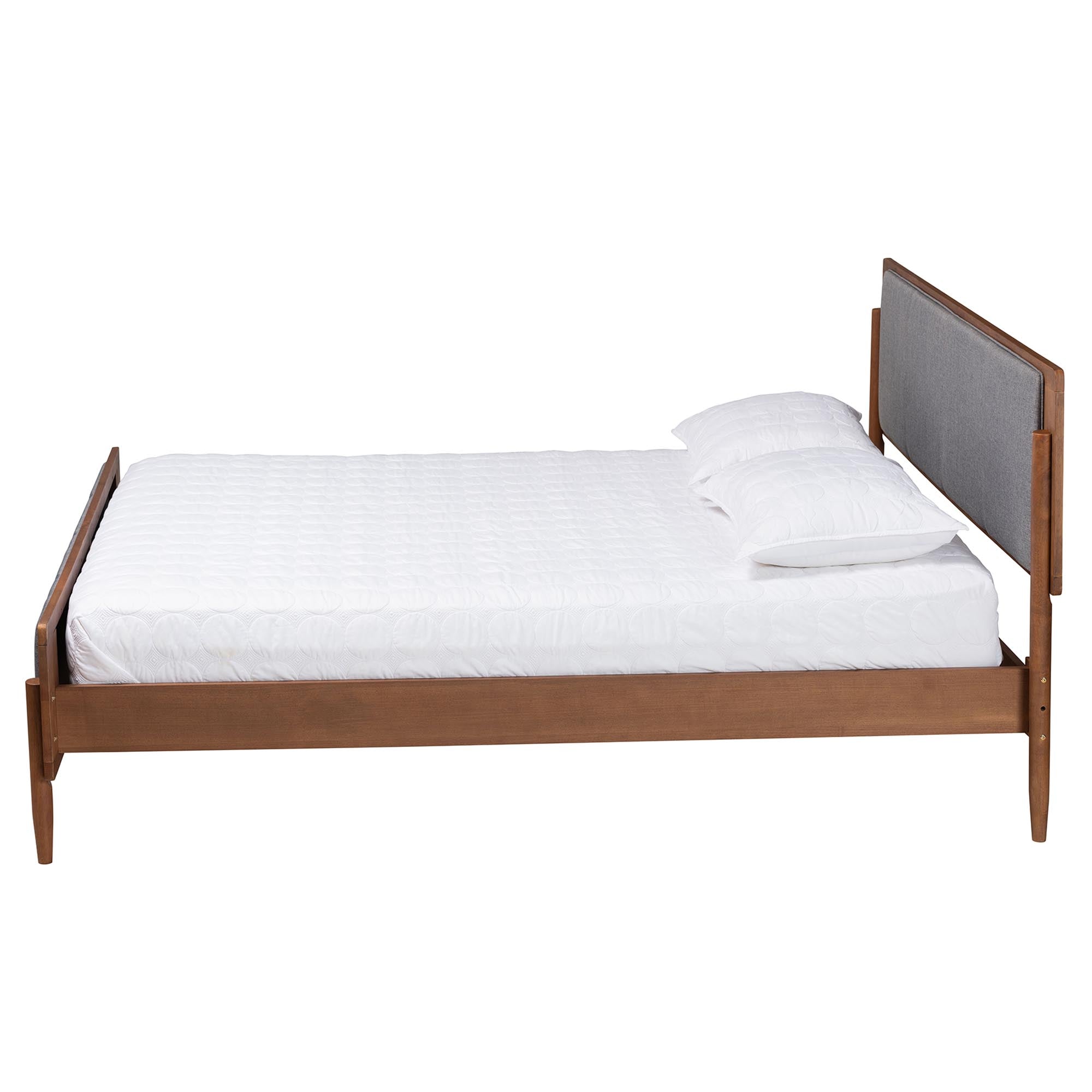 Rick King Grey Fabric & Walnut Wood Platform Bed – Mid-Century Modern No Box Spring