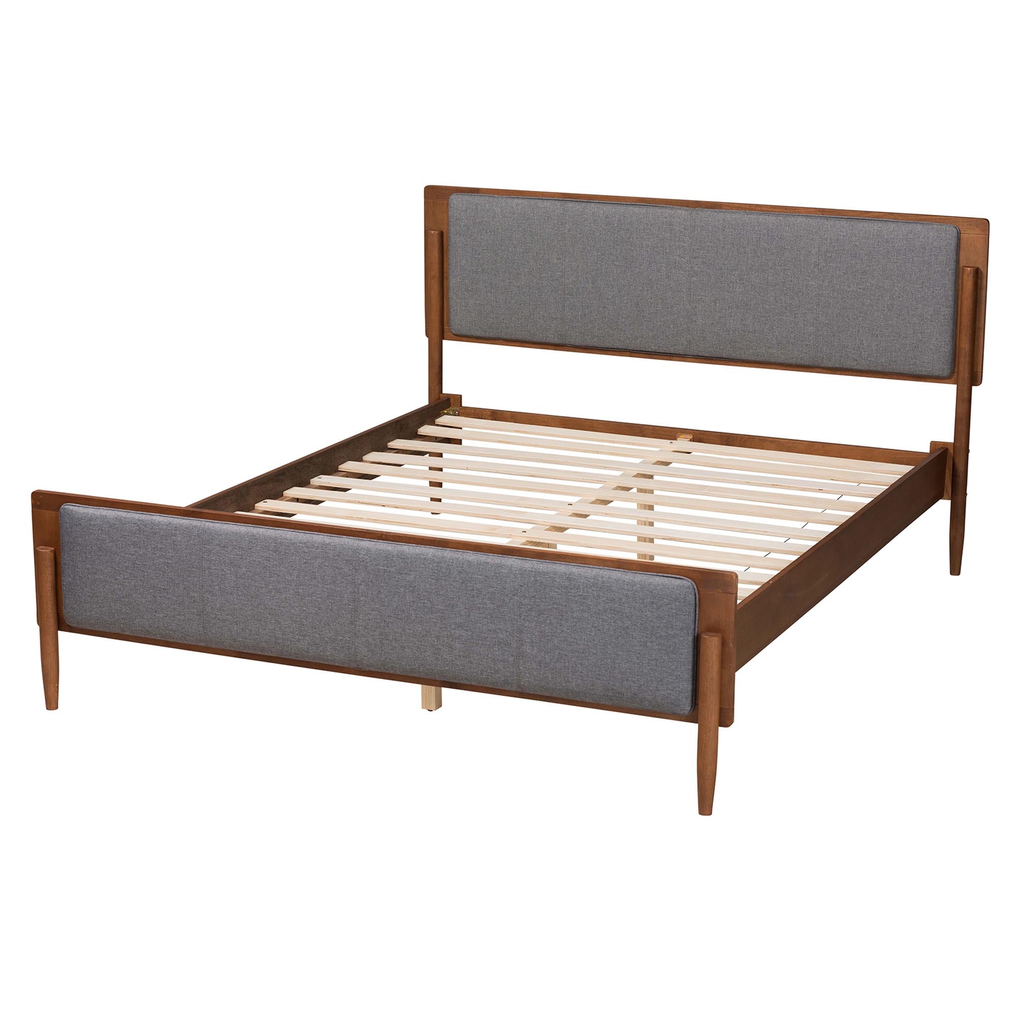 Rick King Grey Fabric & Walnut Wood Platform Bed – Mid-Century Modern No Box Spring