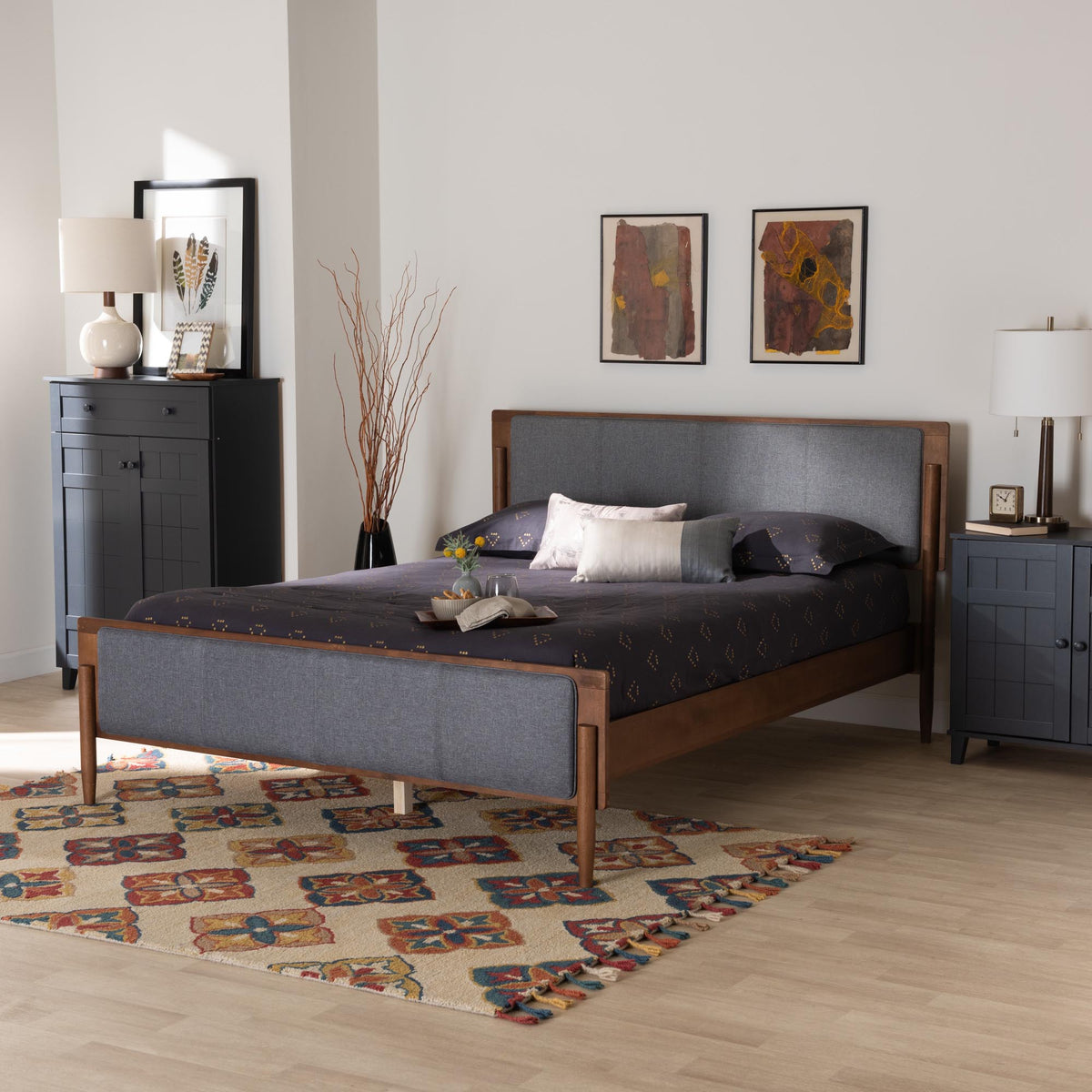 Rick King Grey Fabric & Walnut Wood Platform Bed Mid-Century Modern No Box Spring