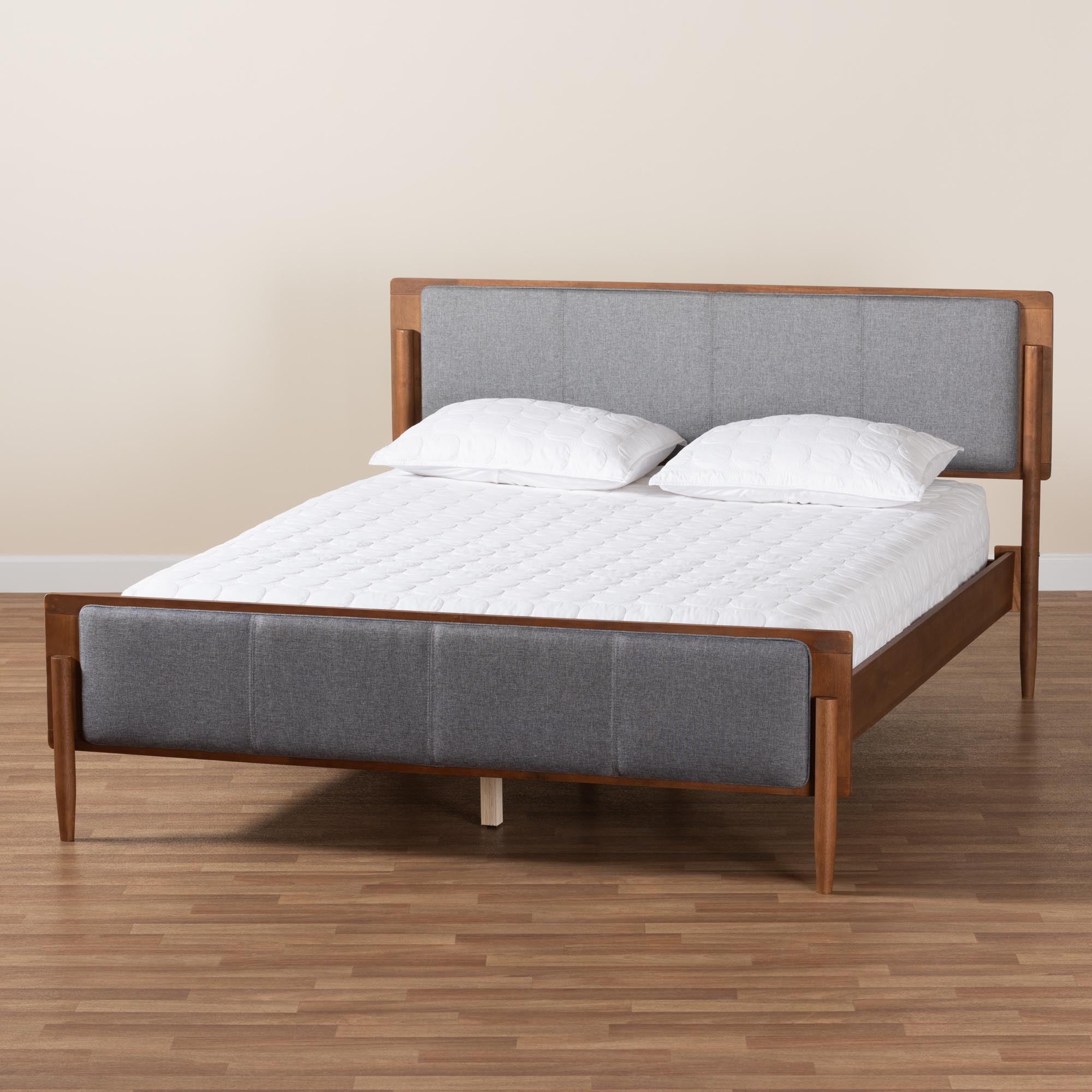 Rick King Grey Fabric & Walnut Wood Platform Bed – Mid-Century Modern No Box Spring