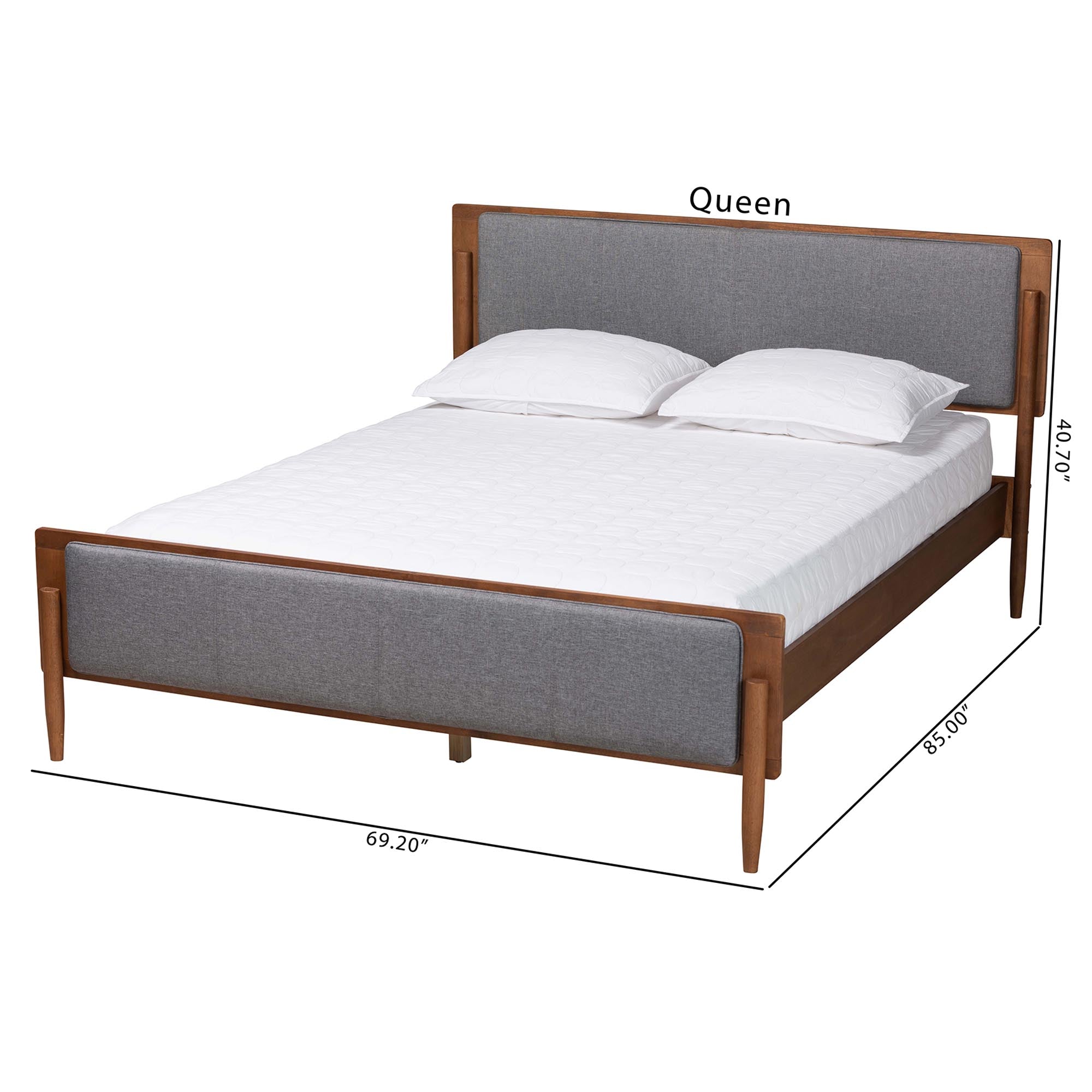 Anahi Queen Modern Platform Bed – Grey Fabric Upholstery with Walnut Wood Base