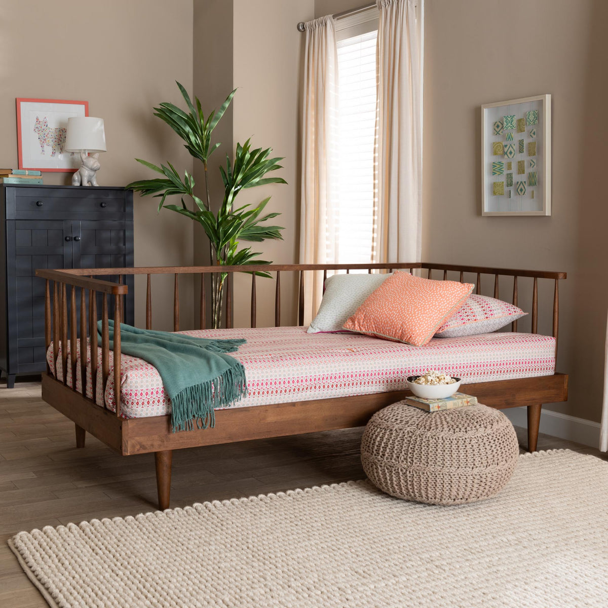 Nicolas Twin Ash Walnut Daybed Mid-Century Modern Spindle Design Wood Slats