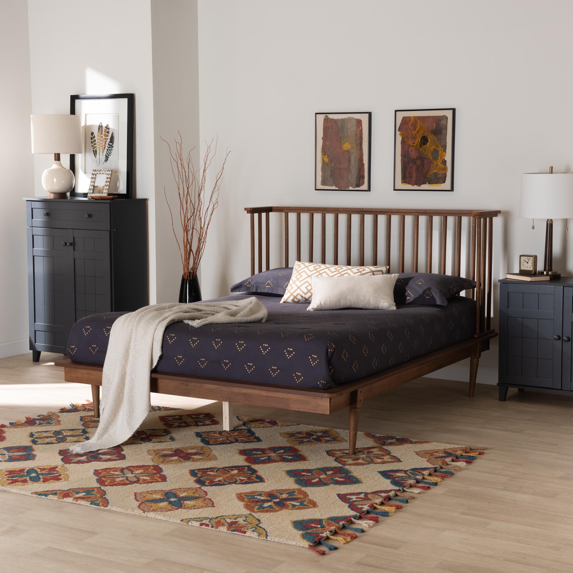 Bennet Queen Ash Walnut Platform Bed – Mid-Century Modern Spindle Design