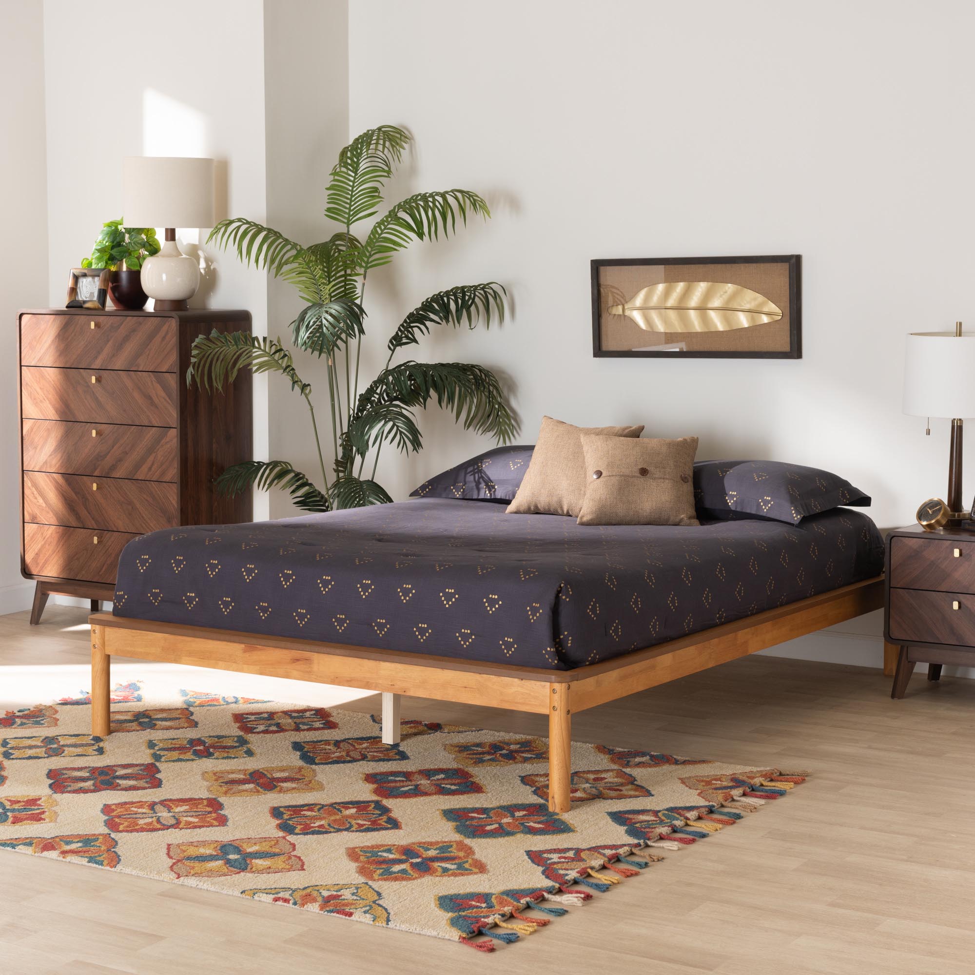 Adrin Mid-Century Modern King Size Wood Platform Bed – Honey Oak Finish with Storage