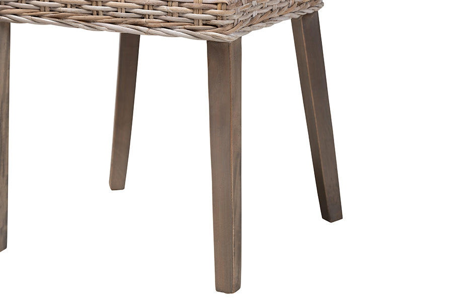 bali & pari Magy Modern Bohemian Grey Rattan and Natural Brown Finished Wood Dining Chair