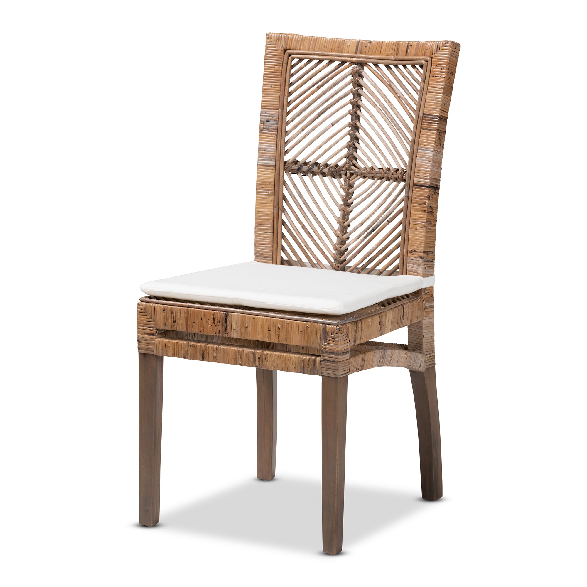 bali & pari Laluna Modern Bohemian Greywashed Natural Rattan and Mahogany Dining Chair with Cushion