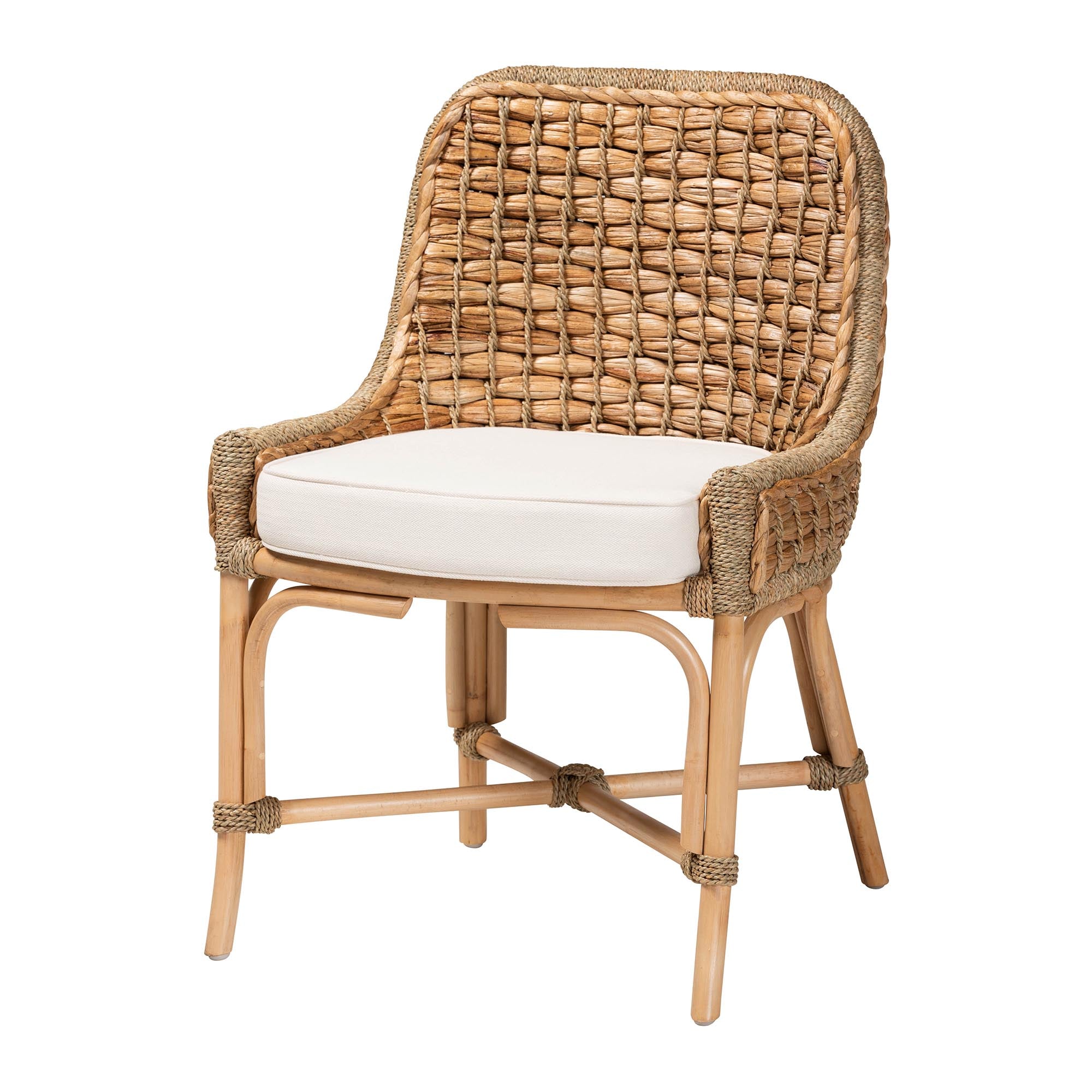 bali & pari Kyle Modern Bohemian Natural Brown Woven Rattan Dining Side Chair With Cushion