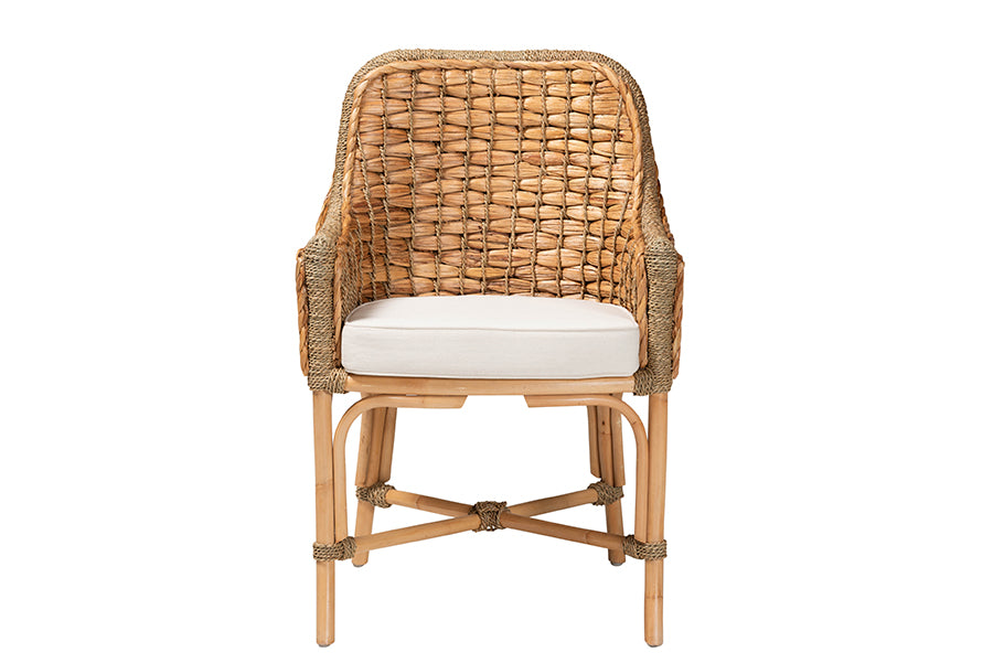 bali & pari Kyle Modern Bohemian Natural Brown Woven Rattan Dining Arm Chair with Cushion