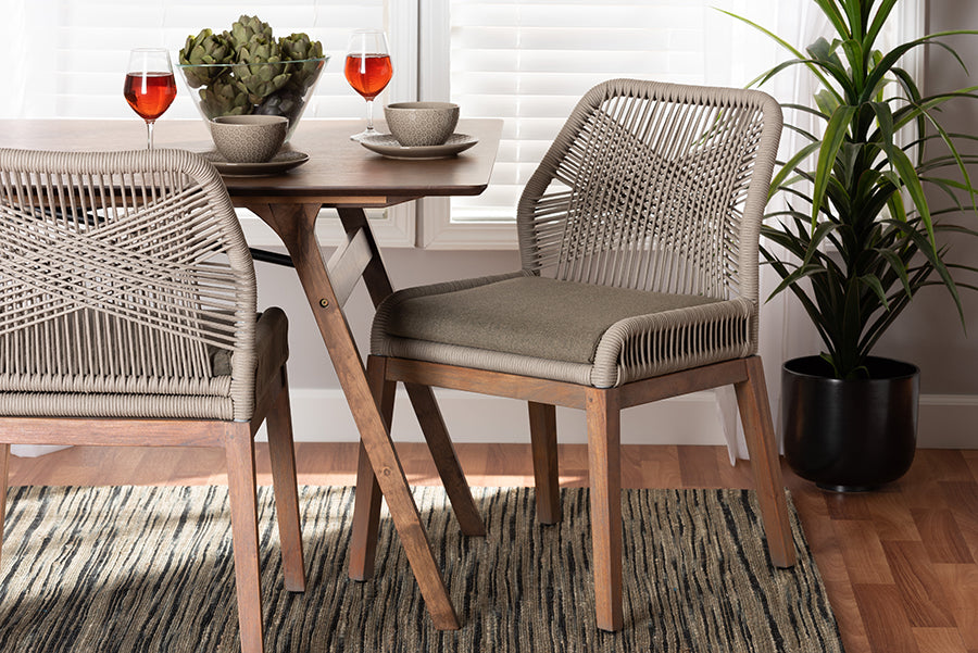bali & pari Jennifer Mid-Century Transitional Grey Woven Rope Mahogany Dining Side Chair