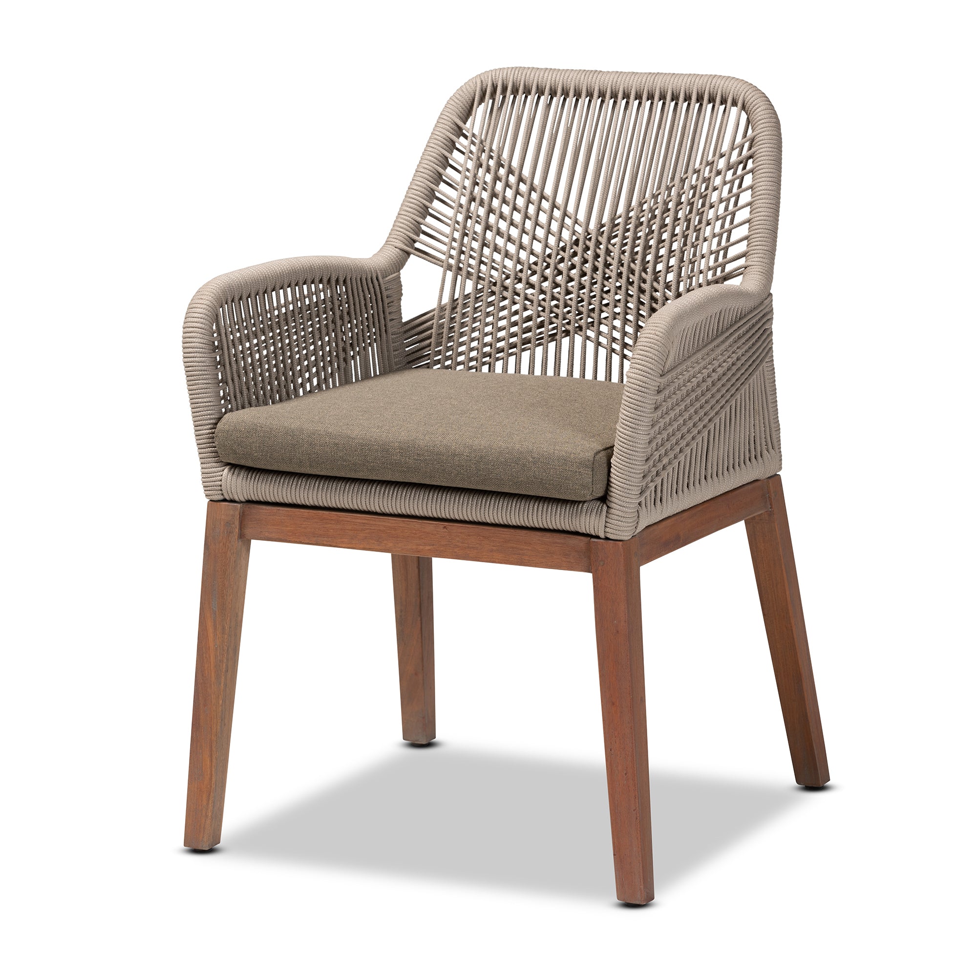 bali & pari Jennifer Mid-Century Transitional Grey Woven Rope Mahogany Dining Arm Chair