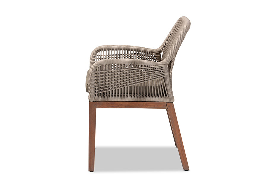 bali & pari Jennifer Mid-Century Transitional Grey Woven Rope Mahogany Dining Arm Chair