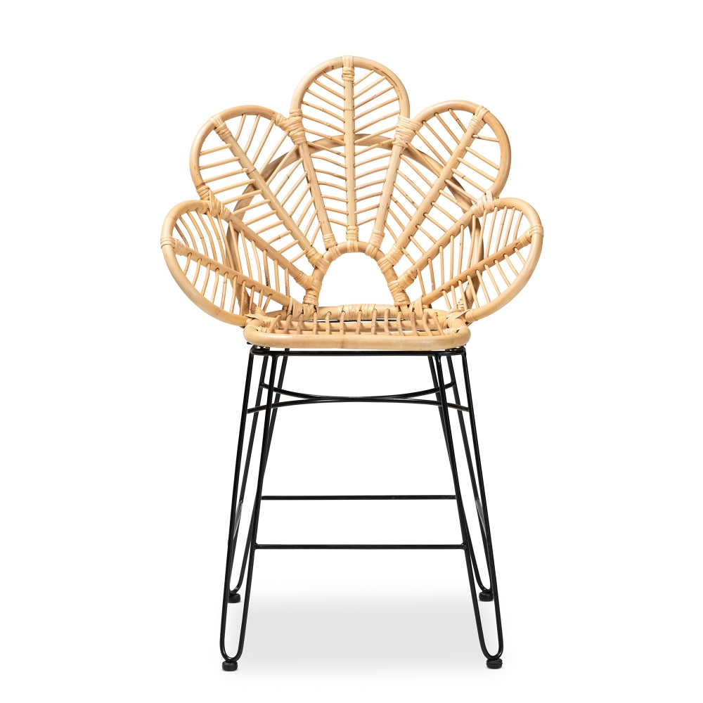 Garan Modern Bohemian Natural Brown Rattan and Black Metal Counter Stool