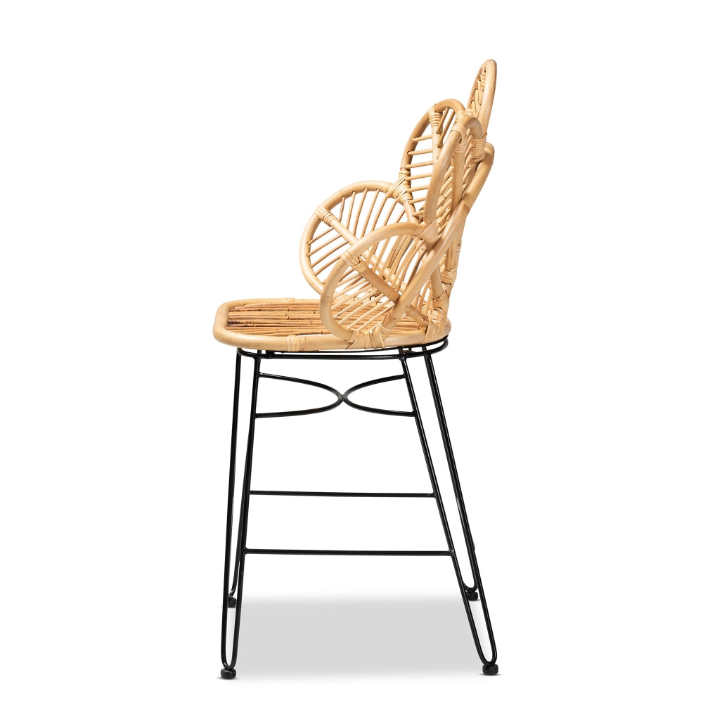 Garan Modern Bohemian Natural Brown Rattan and Black Metal Counter Stool