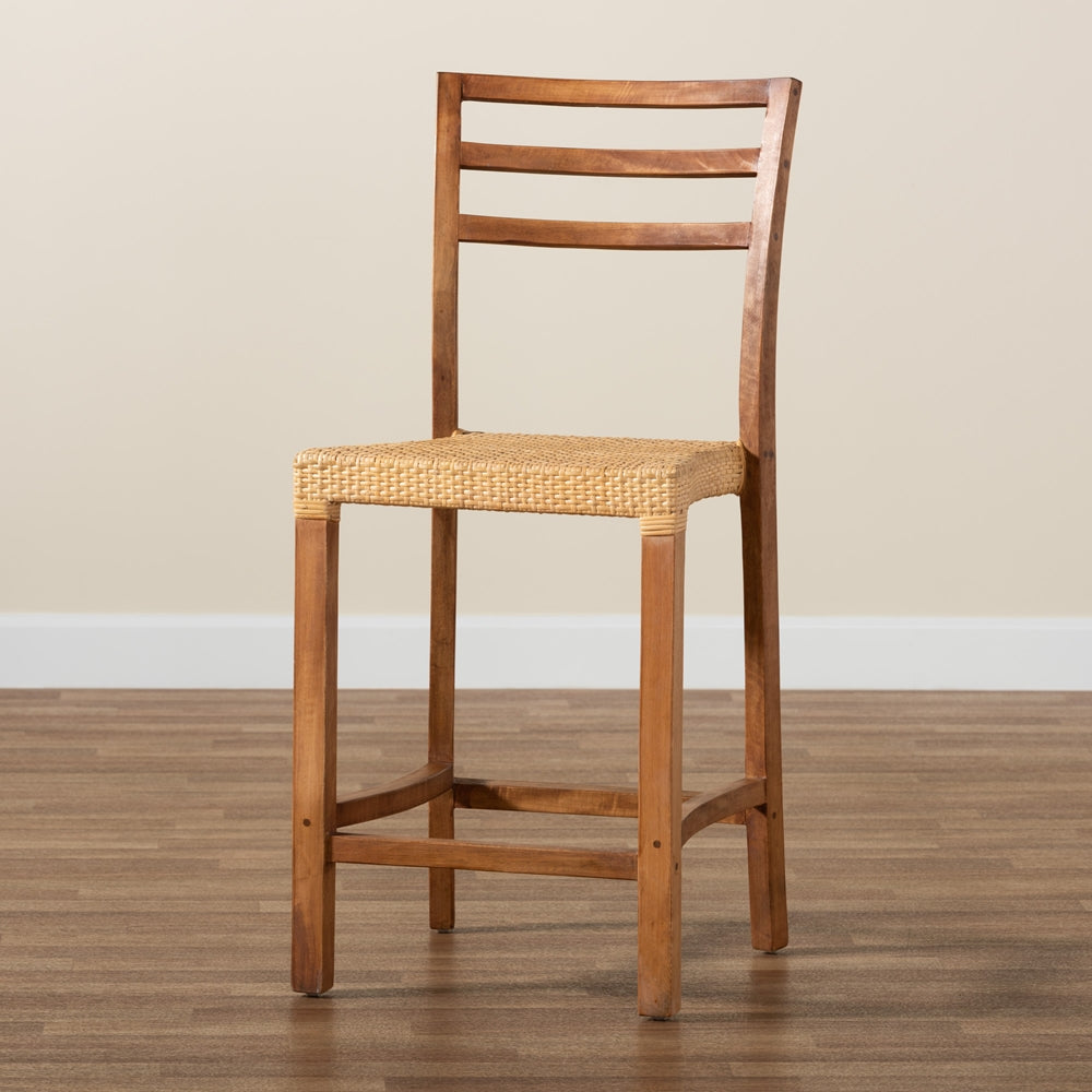 Arthur Mid-Century Modern Walnut Brown Mahogany Wood and Natural Rattan Counter Stool