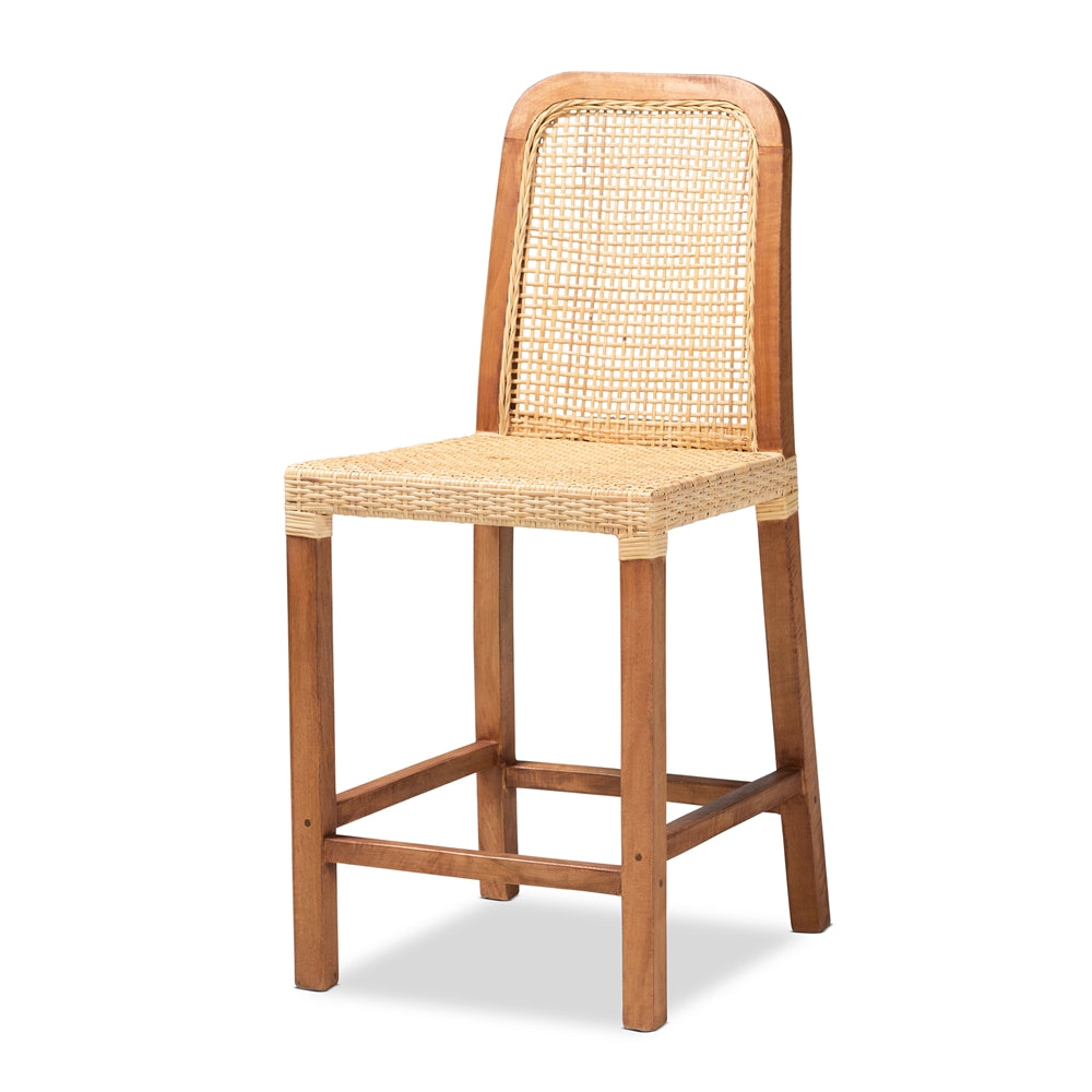 Caspia Mid-Century Modern Walnut Brown Mahogany Wood and Natural Rattan Counter Stool