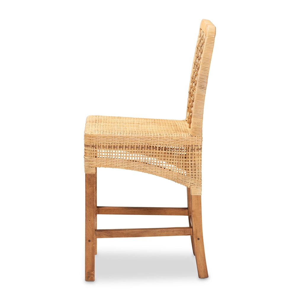 Moscow Modern Bohemian Natural Brown Rattan and Walnut Brown Mahogany Wood Counter Stool