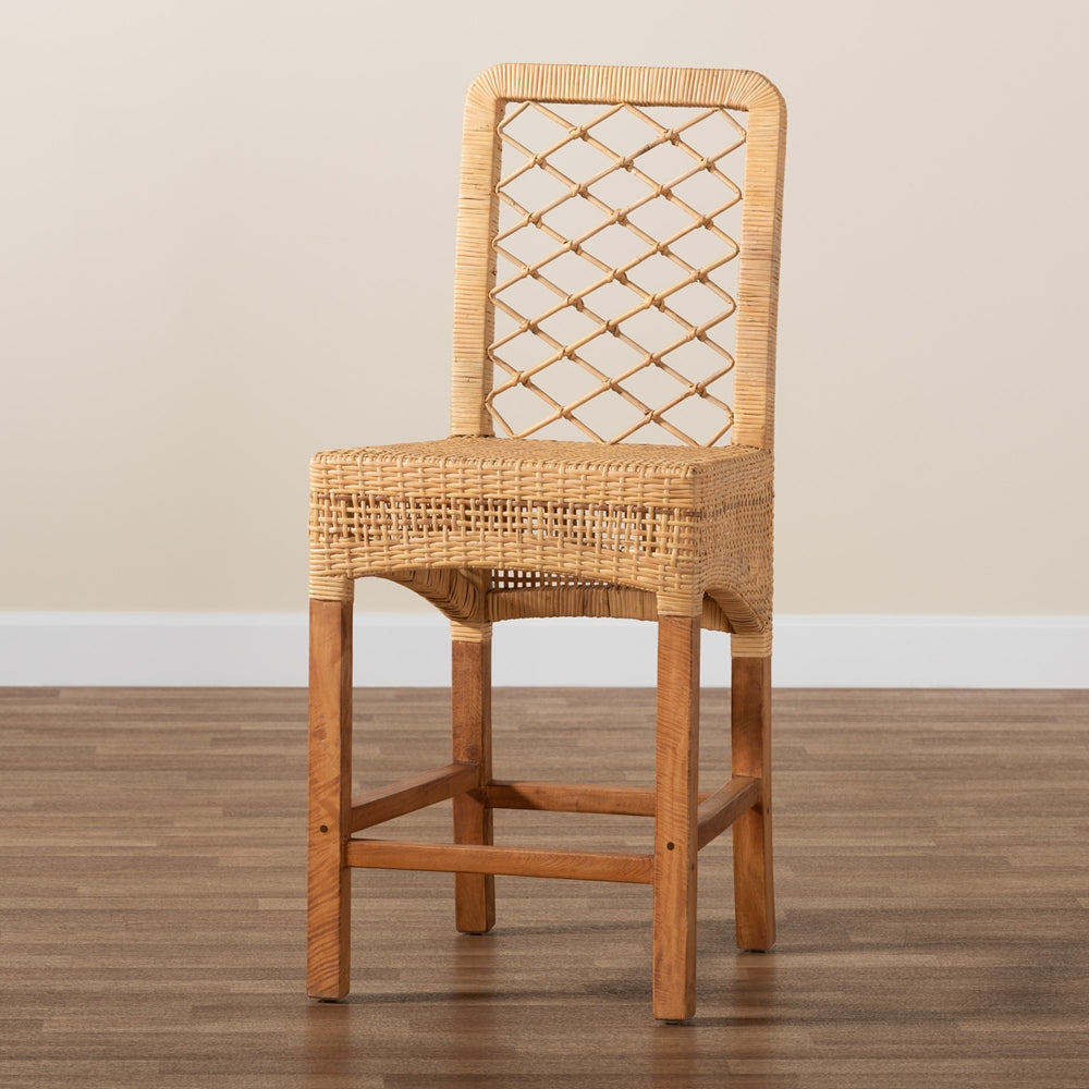 Moscow Modern Bohemian Natural Brown Rattan and Walnut Brown Mahogany Wood Counter Stool