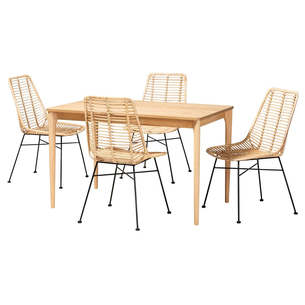 Manhattan Modern Bohemian Rattan and Natural Oak Finished Wood 5-Piece Dining Set