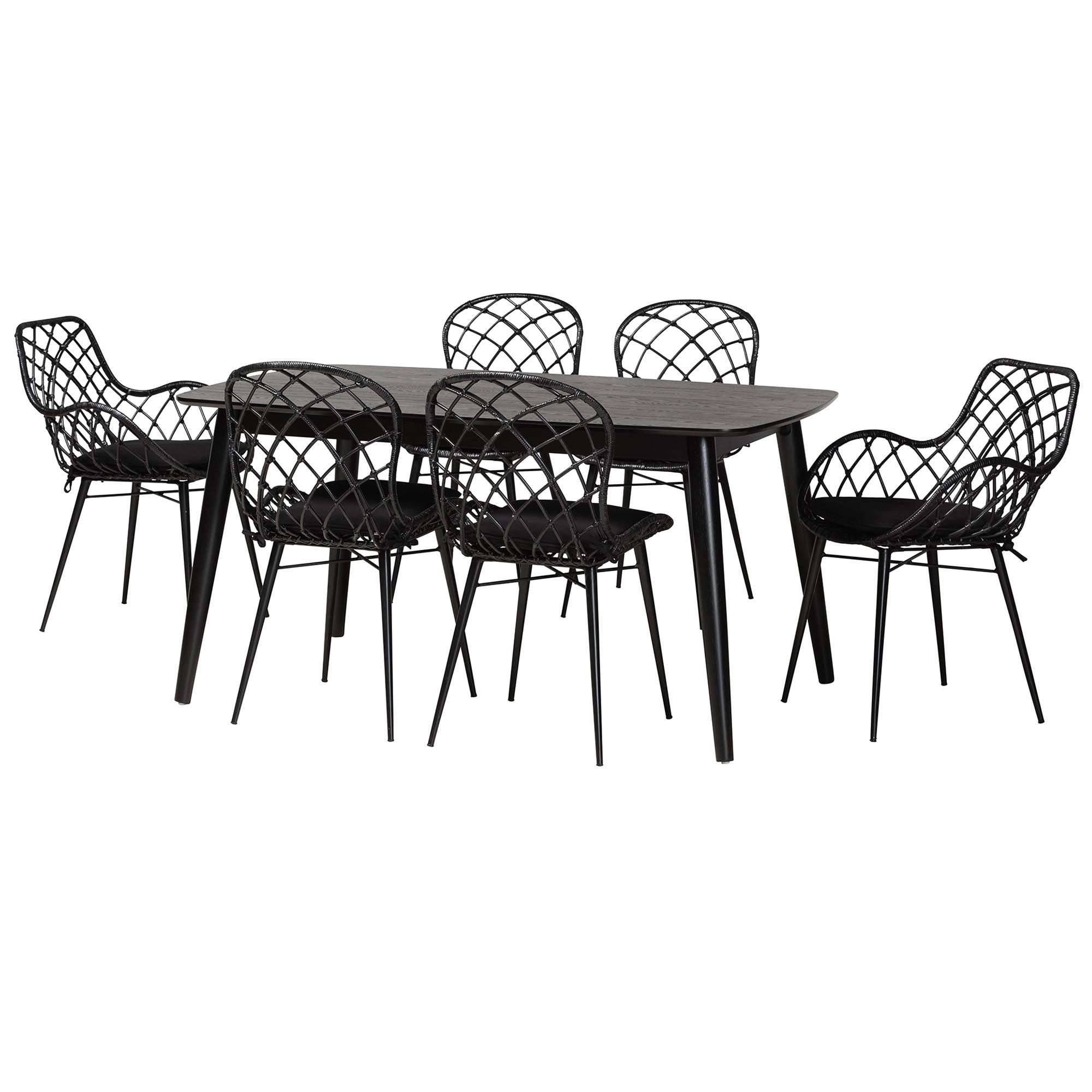 Baxton Studio Aniceta Modern Bohemian Black Finished Wood and Rattan 7-Piece Dining Set