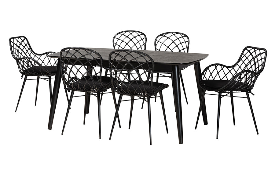 Aniceta Modern Bohemian Black Finished Wood and Rattan 7-Piece Dining Set