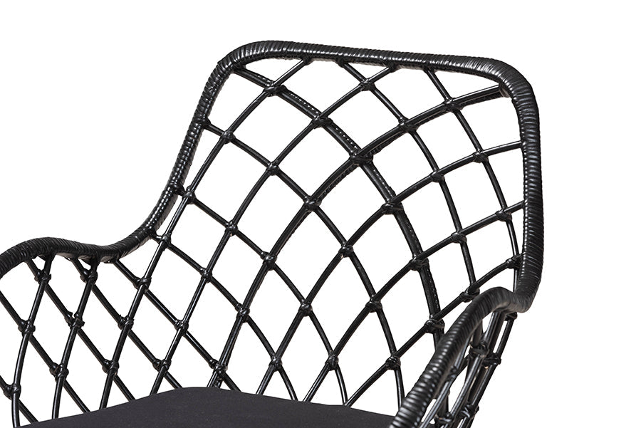 Aniceta Modern Bohemian Black Finished Wood and Rattan 7-Piece Dining Set