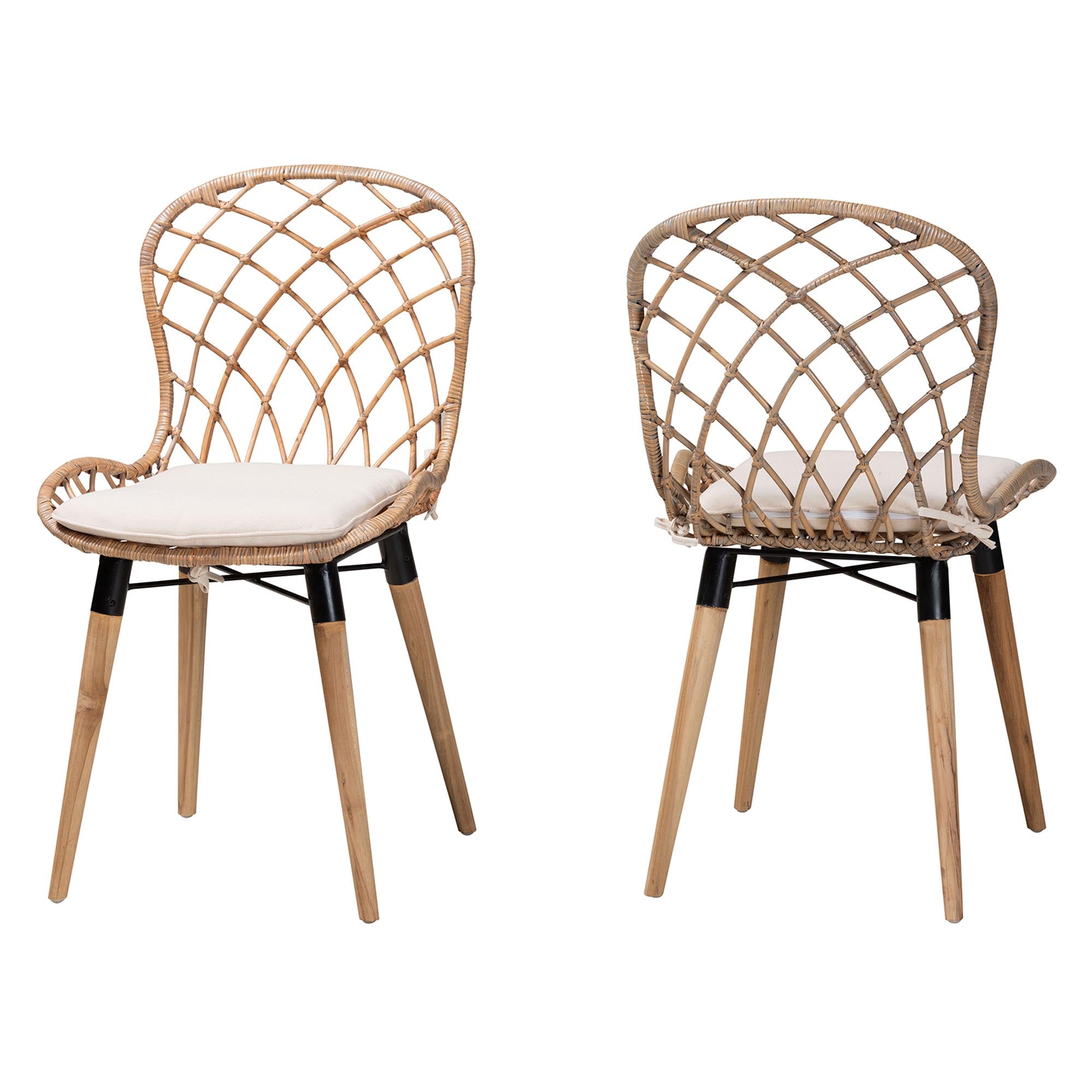 bali & pari Sabelle Modern Bohemian Natural Brown Finished Teak Wood and Greywashed Rattan 2-Piece Dining Chair Set