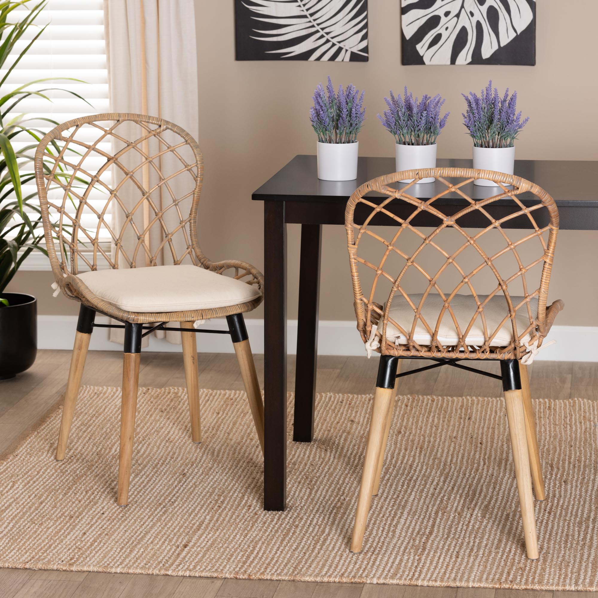 bali & pari Sabelle Modern Bohemian Natural Brown Finished Teak Wood and Greywashed Rattan 2-Piece Dining Chair Set