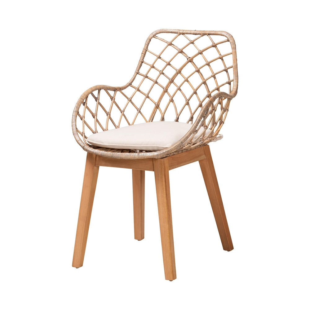 Ballerina Modern Bohemian Greywashed Rattan and Natural Brown Finished Mahogany Wood 5-Piece Dining Set
