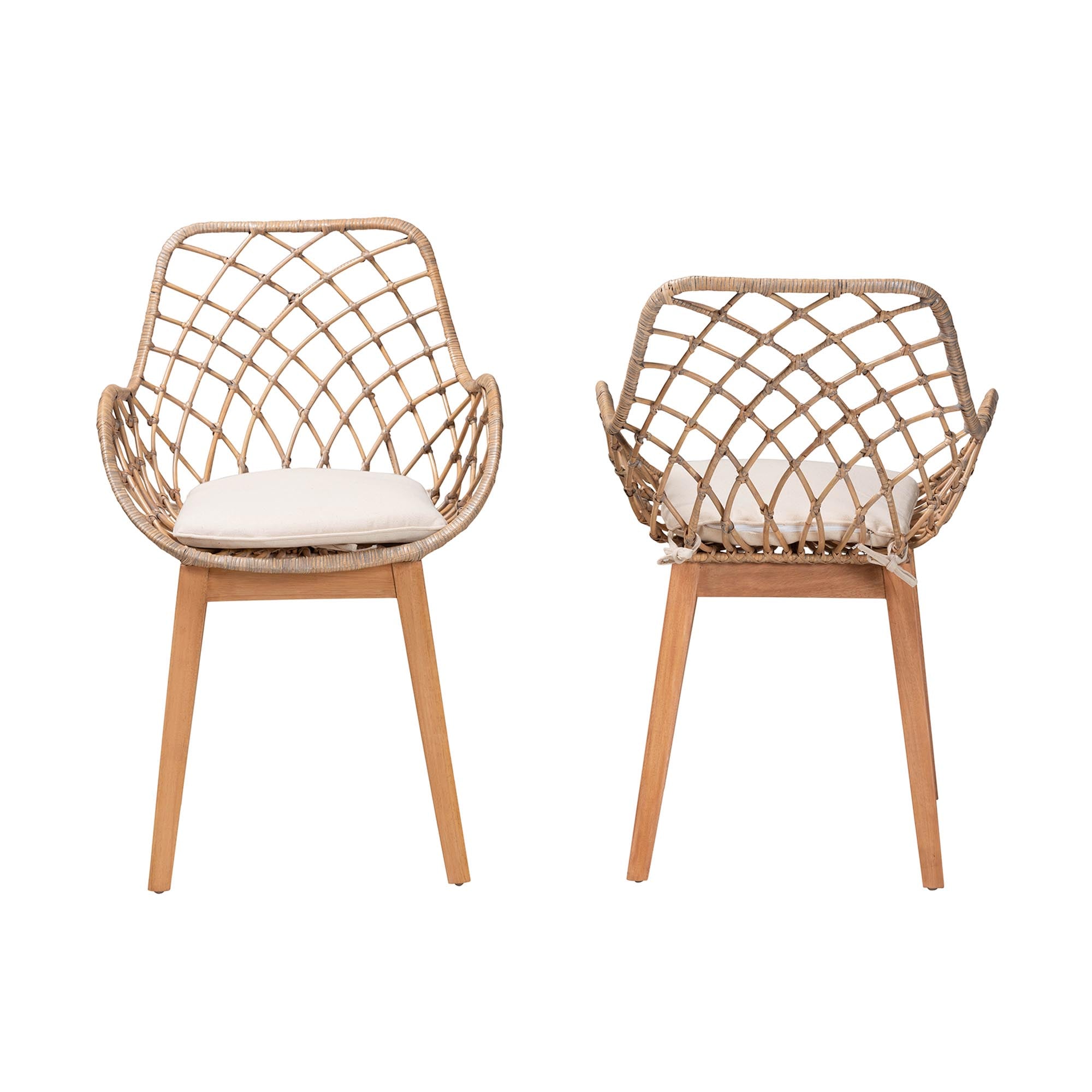 bali & pari Ballerina Modern Bohemian Greywashed Rattan and Natural Brown Finished Wood 2-Piece Dining Chair Set