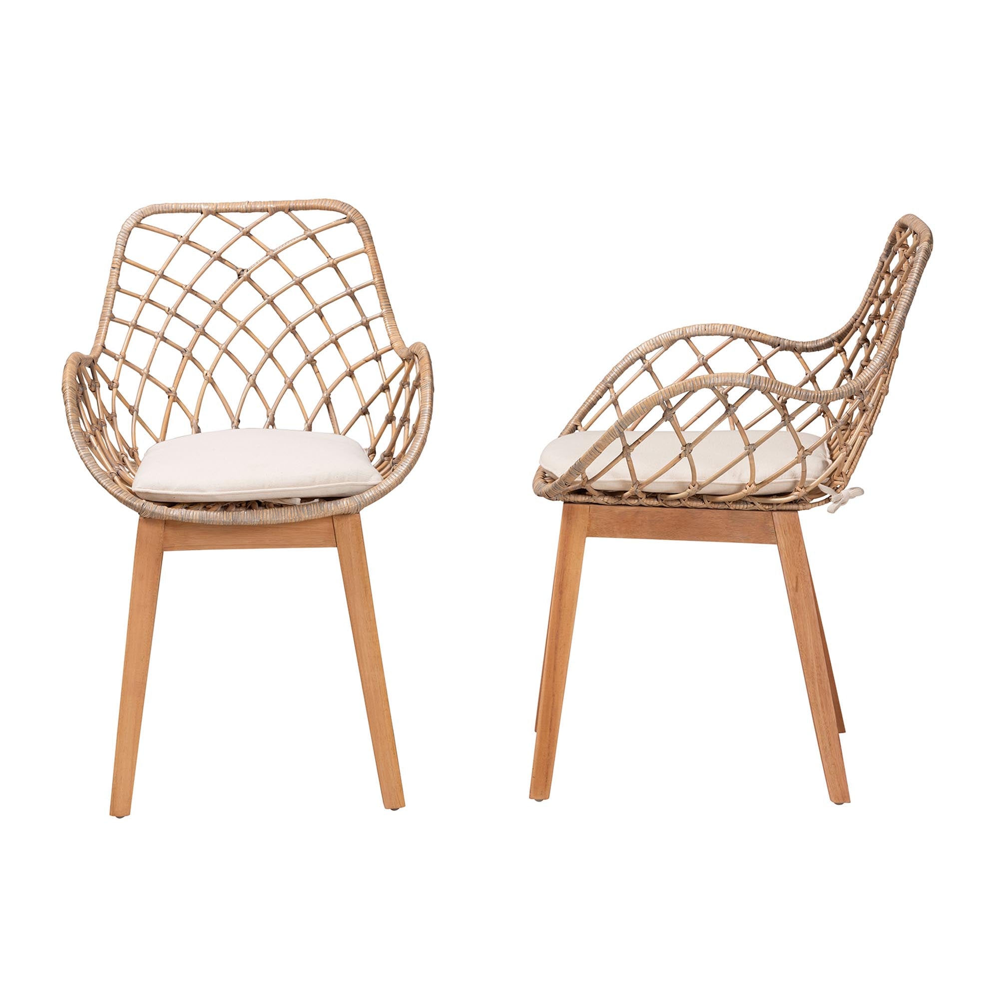 bali & pari Ballerina Modern Bohemian Greywashed Rattan and Natural Brown Finished Wood 2-Piece Dining Chair Set