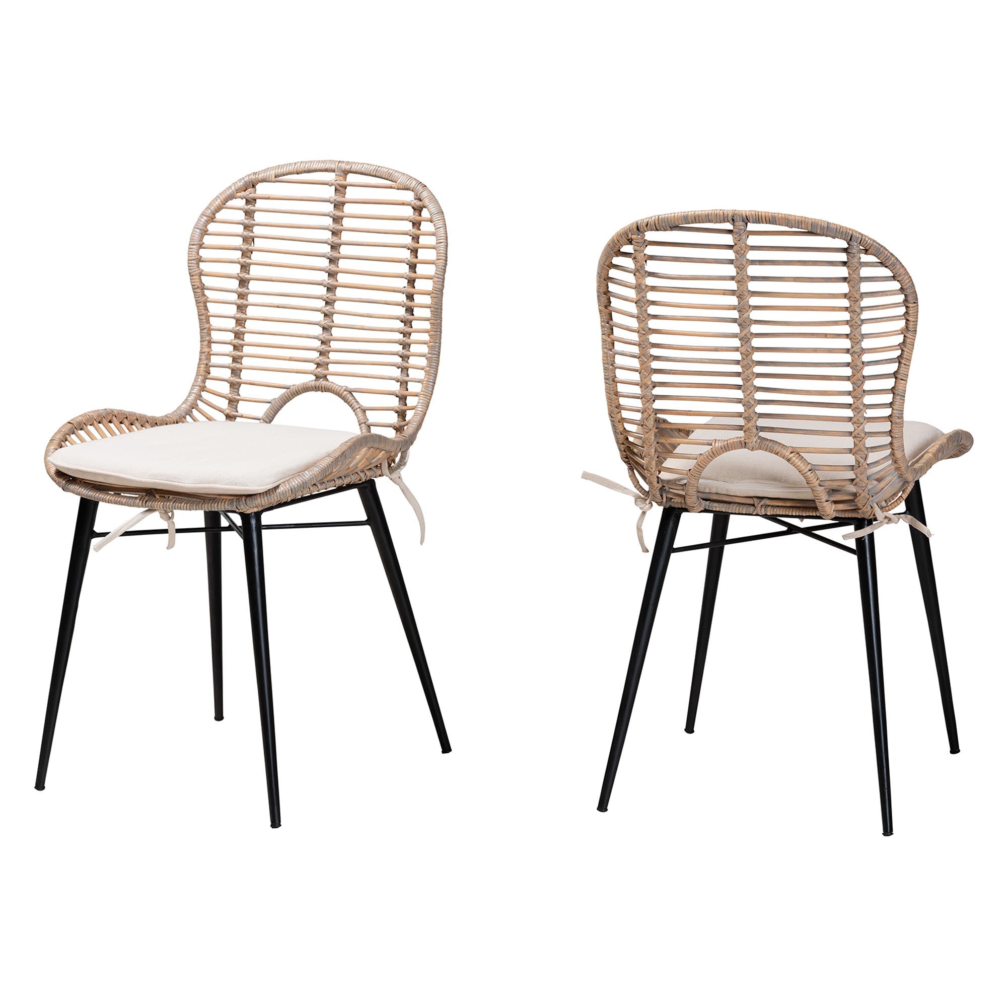 bali & pari Brenna Modern Bohemian Greywashed Rattan and Black Metal 2-Piece Dining Chair Set