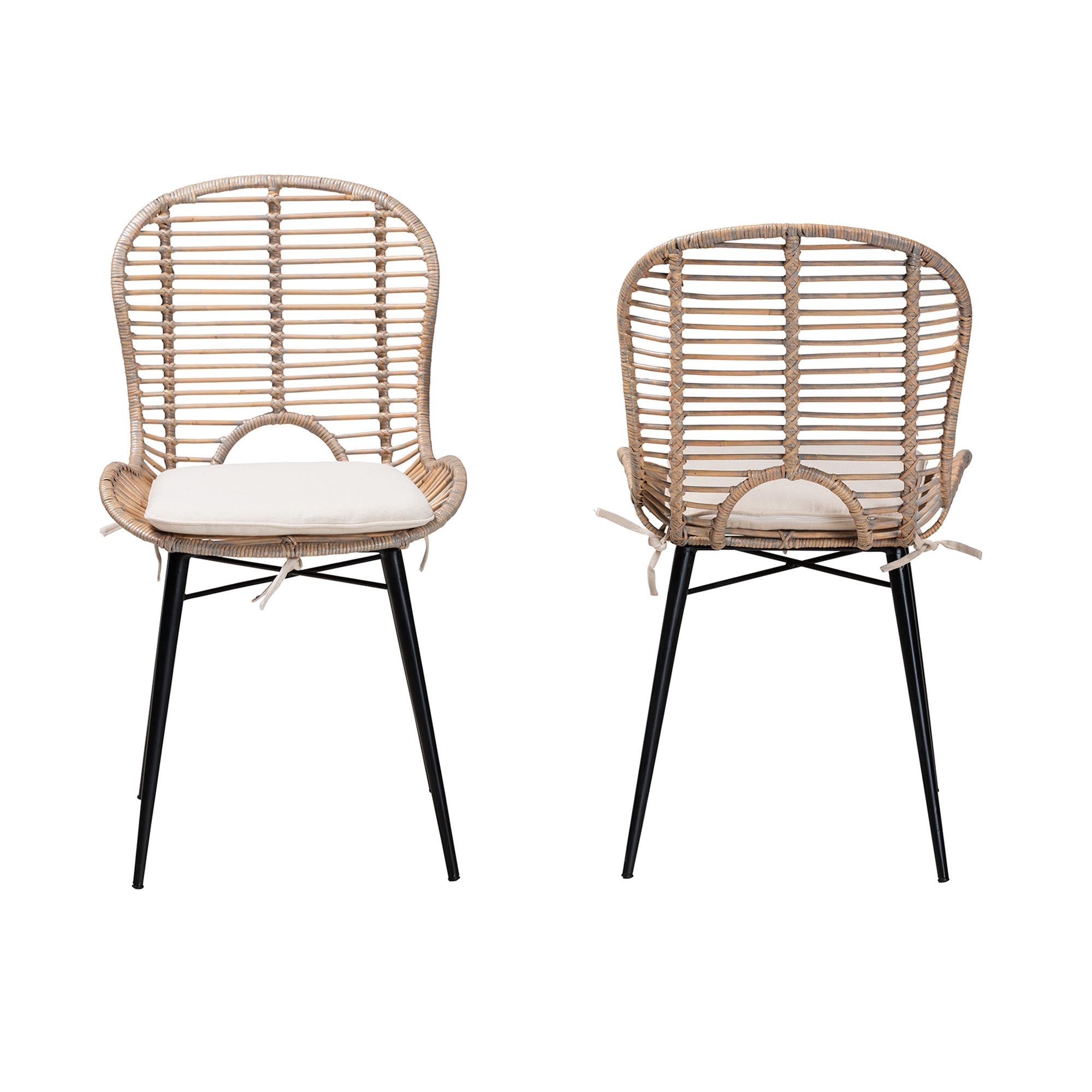 bali & pari Brenna Modern Bohemian Greywashed Rattan and Black Metal 2-Piece Dining Chair Set