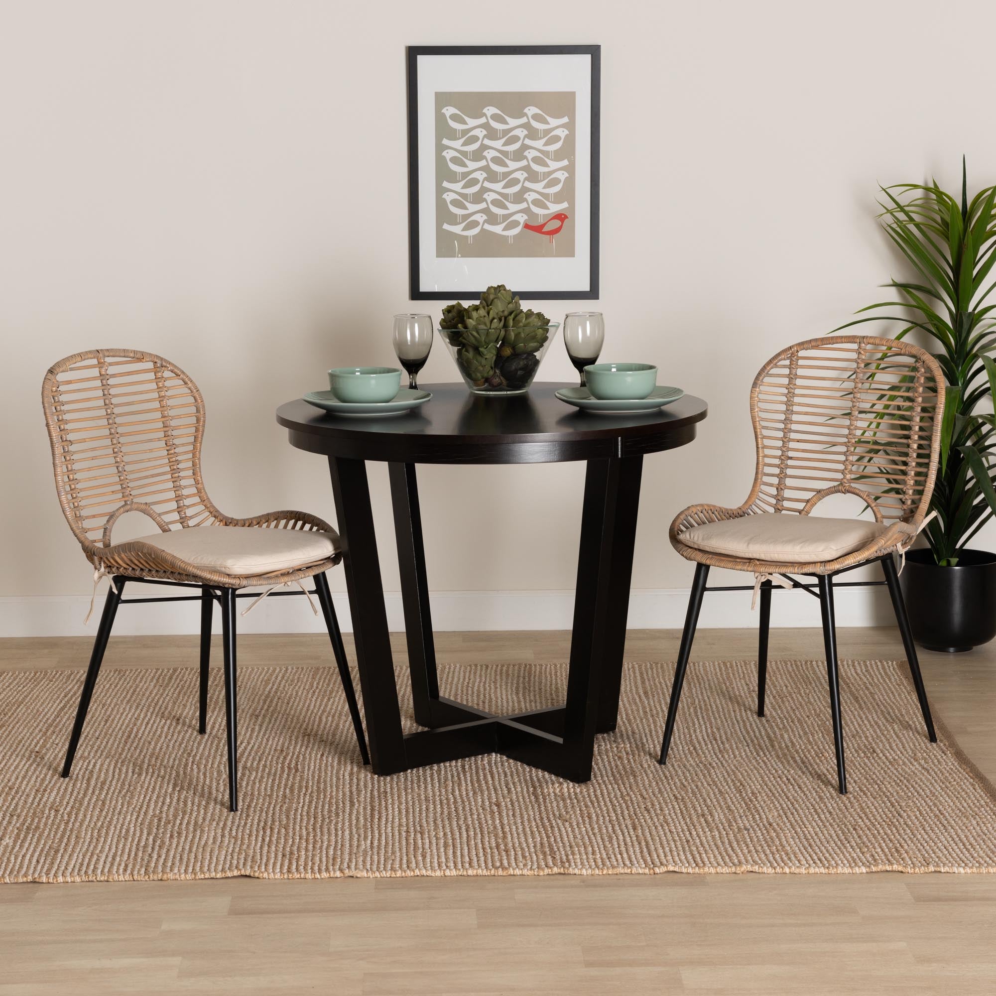 bali & pari Brenna Modern Bohemian Greywashed Rattan and Black Metal 2-Piece Dining Chair Set