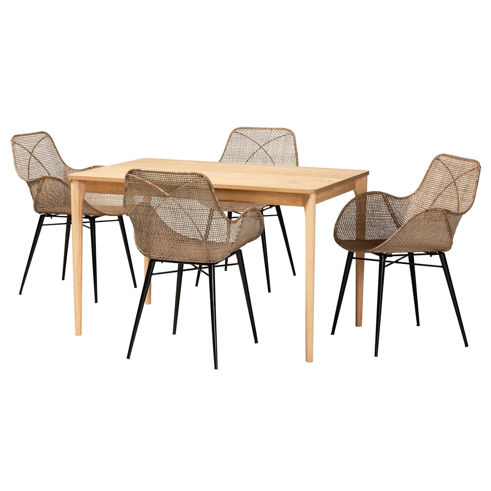 Ballerina Modern Bohemian Greywashed Rattan and Black Metal 5-Piece Dining Set