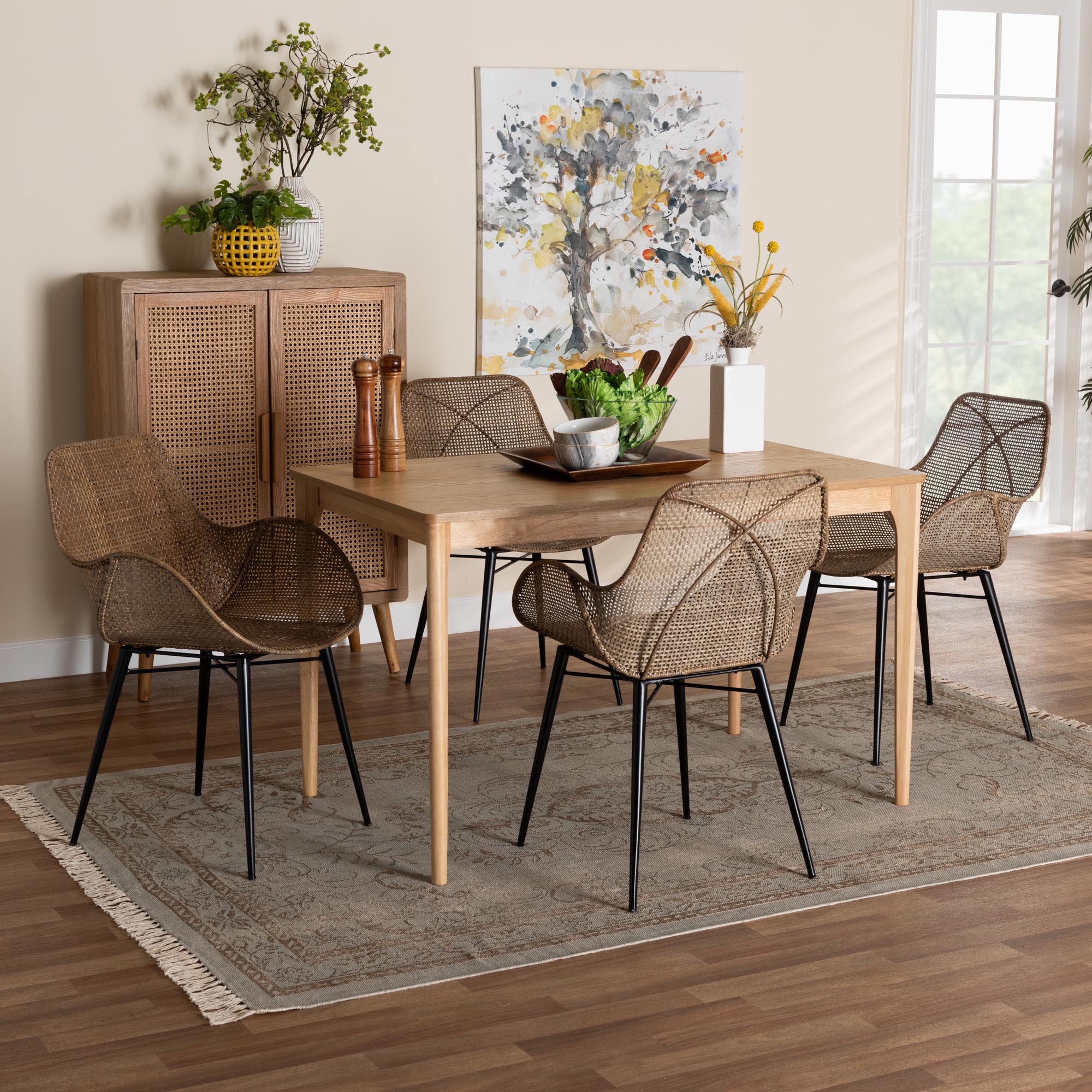 Ballerina Modern Bohemian Greywashed Rattan and Black Metal 5-Piece Dining Set