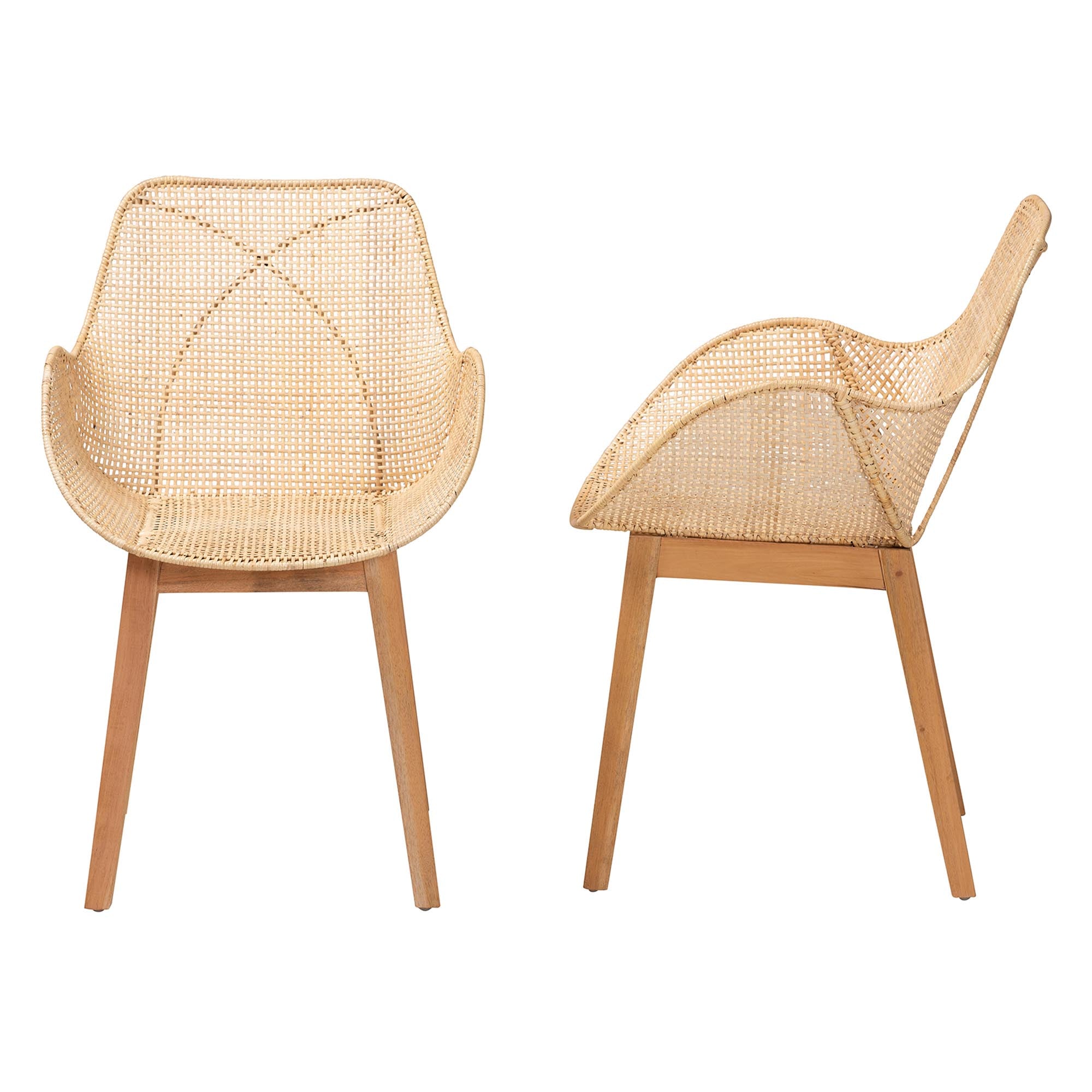 bali & pari Ballerina Japandi Natural Brown Finished Mahogany Wood and Rattan 2-Piece Dining Chair Set